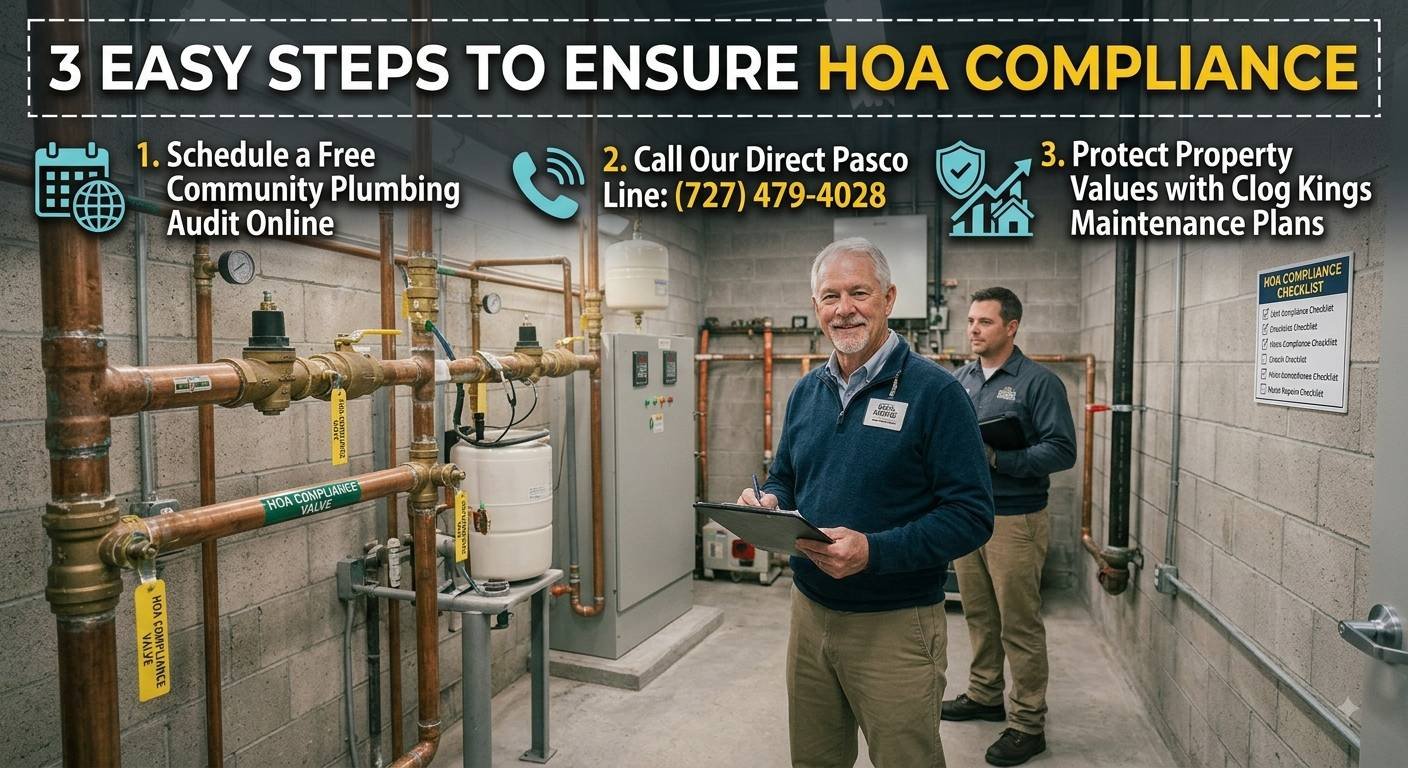 An image overlay infographic set within a clean mechanical room with large copper pipes labeled "HOA Compliance Valve." In the foreground, an older, friendly professional inspector holds a clipboard, with a second inspector visible in the background near a wall-mounted "HOA Compliance Checklist." A prominent header text reads "3 EASY STEPS TO ENSURE HOA COMPLIANCE."The steps are detailed with text and icons:Schedule a Free Community Plumbing Audit Online (indicated by a calendar icon and globe).Call Our Direct Pasco Line: (727) 479-4028 (indicated by a phone handset icon).Protect Property Values with Clog Kings Maintenance Plans (indicated by a shield icon containing houses and a rising growth arrow).