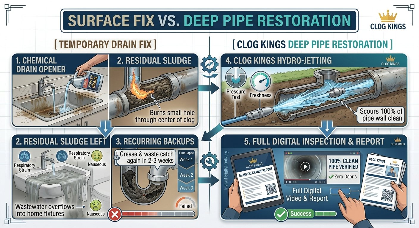 An instructional comparison infographic titled "SURFACE FIX VS. DEEP PIPE RESTORATION" detailing the differences between temporary chemical fixes and deep restoration methods.Left Side (Temporary Drain Fix): Shows the cycle of a "Chemical Drain Opener" burning a hole through a clog, leaving "Residual Sludge Left" inside the pipe, and leading to "Recurring Backups" where wastewater overflows into home fixtures within 2 to 3 weeks.Right Side (Clog Kings Deep Pipe Restoration): Illustrates "Clog Kings Hydro-Jetting" scouring 100% of the pipe wall clean, followed by a "Full Digital Inspection & Report" displayed on a tablet and printed document confirming a verified clean pipe with zero debris.