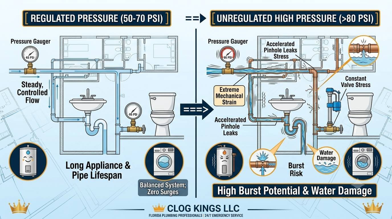 A side-by-side comparison diagram illustrating the differences between safe regulated water pressure and dangerous unregulated high pressure in a residential plumbing system, presented by Clog Kings LLC.Left Panel [REGULATED PRESSURE (50-70 PSI)]: Shows a calm, balanced plumbing layout reading 65 PSI on pressure gauges. Highlights "Steady, Controlled Flow," "Long Appliance & Pipe Lifespan," and "Balanced System; Zero Surges," featuring illustrations of a happy water heater and functioning washing machine.Right Panel [UNREGULATED HIGH PRESSURE (>80 PSI)]: Illustrates a vibrating plumbing network under extreme strain reading 95 PSI. It highlights "Extreme Mechanical Strain," "Accelerated Pinhole Leaks," "Constant Valve Stress," and "Burst Risk," with graphic callouts showing pipe fractures, water damage, and a stressed water heater.The graphic features Clog Kings LLC branding at the bottom with the text "FLORIDA PLUMBING PROFESSIONALS | 24/7 EMERGENCY SERVICE."