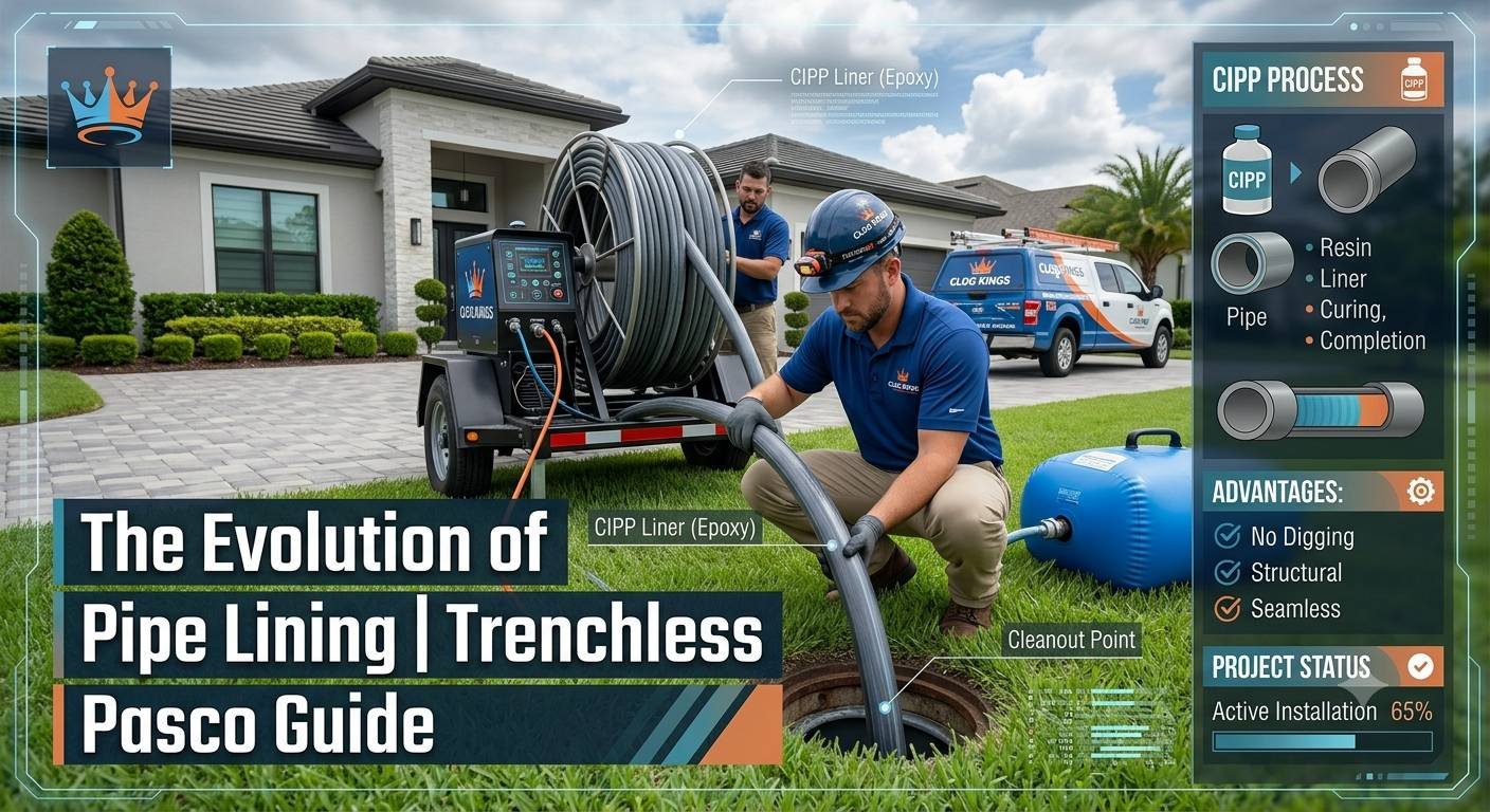 A Clog Kings plumbing technician crouching on a green lawn to insert a flexible CIPP epoxy liner into an exterior cleanout pipe, featuring an infographic overlay detailing the trenchless pipe restoration process.