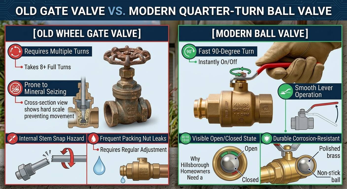 An informational infographic comparing an old gate valve with a modern quarter-turn ball valve. The top banner, titled 'OLD GATE VALVE vs. MODERN QUARTER-TURN BALL VALVE', is split into two detailed sections.The left section, outlined in red and labeled '[OLD WHEEL GATE VALVE]', details four common problems. Top right is a photo of a corroded, rusty brass gate valve. Bullet points with icons specify: 'Requires Multiple Turns' (with a detail 'Takes 8+ Full Turns'); 'Prone to Mineral Seizing' (with a cross-section showing hard scale preventing movement); 'Internal Stem Snap Hazard' (with a diagram showing a broken stem); and 'Frequent Packing Nut Leaks' (with a diagram of a leaking valve and text 'Requires Regular Adjustment').The right section, outlined in green and labeled '[MODERN BALL VALVE]', highlights four key benefits. Top right is a photo of a modern, clean brass quarter-turn ball valve labeled 'KINGS SHUT-OFF 1.0 GPM' being operated by a gloved hand. Bullet points with icons include: 'Fast 90-Degree Turn' (with a detail 'Instantly On/Off'); 'Smooth Lever Operation' (with a diagram showing lever motion); 'Visible Open/Closed State' (with a detailed inset and color-coded indicator diagram); and 'Durable Corrosion-Resistant' (with a detailed illustration highlighting polished brass and a non-stick ball). An informational box is also present for 'Why Hillsborough Homeowners Need a Main Shut-off'. The background is a slightly blurred suburban backyard garden.