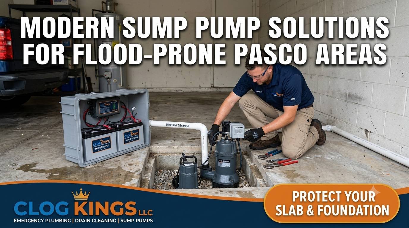 A technician from Clog Kings LLC installing a heavy-duty submersible sump pump and dual battery backup system in a recessed concrete pit inside a garage. The top of the image features bold white overlay text reading "MODERN SUMP PUMP SOLUTIONS FOR FLOOD-PRONE PASCO AREAS," and the bottom includes a navy blue branding banner with the logo alongside an orange callout bubble that says "PROTECT YOUR SLAB & FOUNDATION."