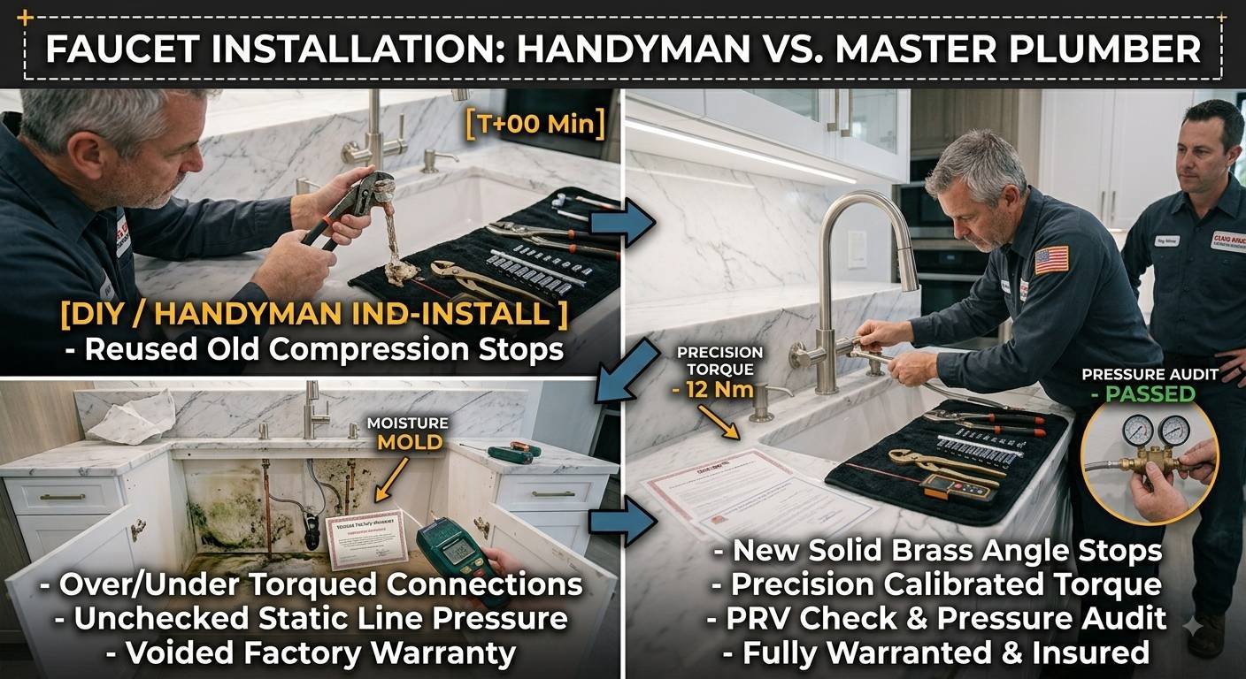 A four-panel infographic, presented under bright modern LED lighting and utilising the clean aesthetic of image_30.png and image_32.png, meticulously details the differing procedures of a handyman and a master plumber during a faucet installation:Panel 1 [Top-Left]: Close-up documentary shot of the plumber from image_30.png (grey-haired man in uniform) performing the installation task. He is over-torquing a supply line stop with large pliers, and improper thread sealant is visibly messy and caked on, mirroring image_32.png. A [T+00 Min] timer is present. The text block reads: '[DIY / HANDYMAN INSTALL] - Reused Old Compression Stops'.Panel 2 [Top-Right]: Close-up documentary shot of the master plumber from image_30.png carefully installing new, clean, solid brass angle stops with new braided lines, using miniature wrench sets organized on the work mat. He uses a digital torque wrench with a clear digital readout flashing 'PRECISION TORQUE - 12 Nm'. A separate inset photo shows a dual-gauge pressure auditor connected and measuring. The text block reads: '[MASTER PLUMBER INSTALL] - New Solid Brass Angle Stops - Precision Calibrated Torque'.Panel 3 [Bottom-Left]: Wider documentary shot of the damaged cabinet base from image_32.png. Green and black mold growth covers the subfloor and inner walls, and the wood is visibly swollen and warped behind the peeling custom marble backsplashes. The moisture meter is flashing 'MOLD DETECTED' and a high reading. A voided factory warranty certificate lies on the wet floor. The text block reads: '- Over/Under Torqued Connections - Unchecked Static Line Pressure - Voided Factory Warranty'.Panel 4 [Bottom-Right]: Wider documentary shot of the master plumber and the female property manager from image_30.png observing the finalized and pristine installation. The new brass stops and braided lines are clean and direct, organized on the work mat. The marble counter is flawless. All equipment is present and organised. A dual-gauge pressure auditor inset photo reads 'PRESSURE AUDIT - PASSED'. The property manager holds a copy of the fully warranted and insured contract with approval. Integrated copper pipes and brass components are pristine and fail-proof. The text block reads: '- PRV Check & Pressure Audit - Fully Warranted & Insured'.Integrated directional digital arrows connect the panels, guiding the eye along the failure path and the correct process path. The human elements are authentic and focused, telling a clear narrative of the consequences of each choice. The setting is critical and detailed. Grain is fine, adding a documentary feel. Text is clean, sharp, and highly legible on the dark banner.