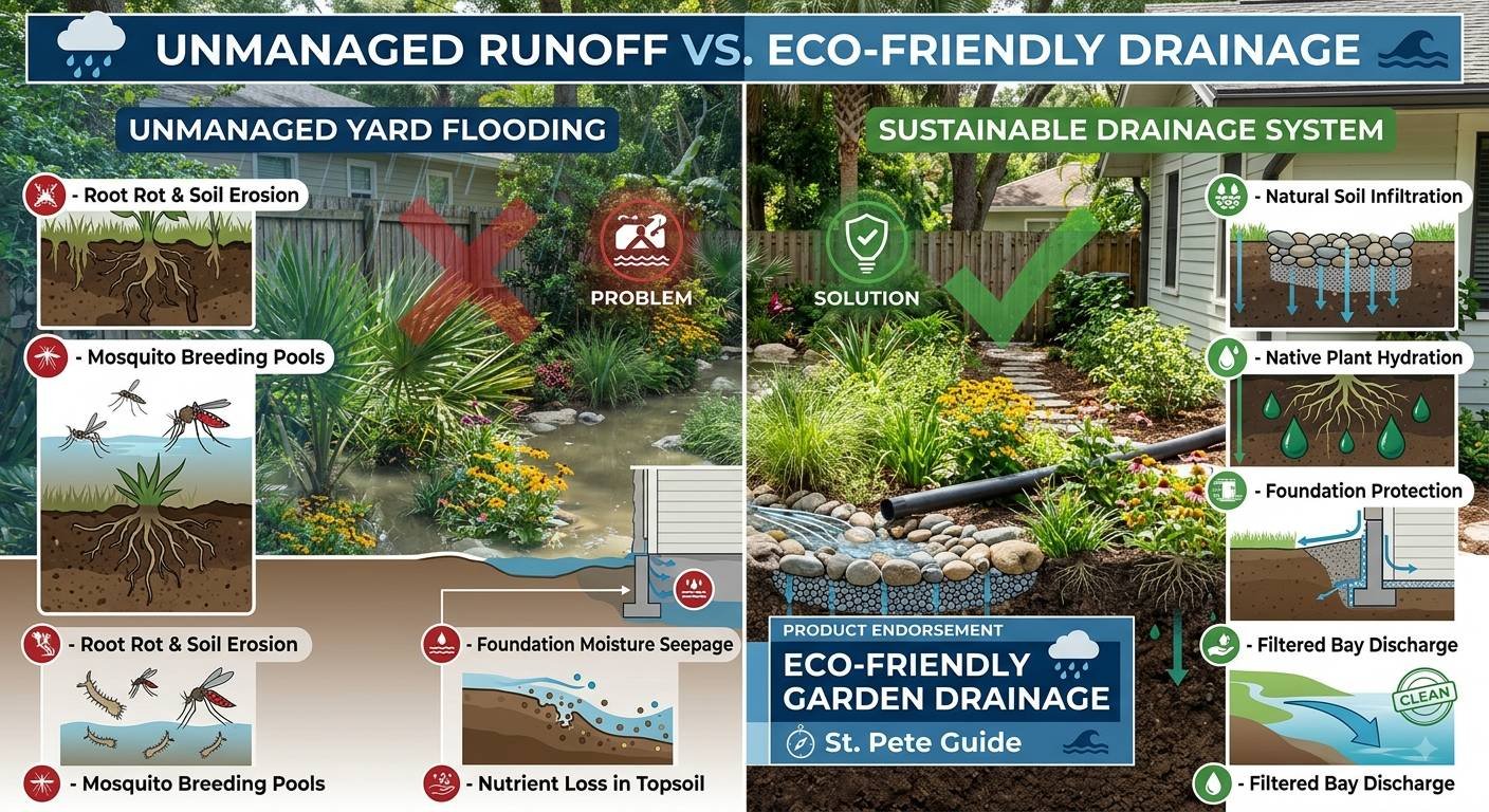 An informational infographic contrasting unmanaged yard flooding with a sustainable drainage system in a residential setting. The top banner, which reads 'UNMANAGED RUNOFF vs. ECO-FRIENDLY DRAINAGE', divides the image into two distinct, illustrative columns against a photorealistic backyard background.The left column, labeled 'UNMANAGED YARD FLOODING' and marked as 'PROBLEM', lists and visually illustrates four negative impacts: Root Rot & Soil Erosion, Mosquito Breeding Pools, Foundation Moisture Seepage, and Nutrient Loss in Topsoil, using diagrams of plant roots and mosquitos.The right column, labeled 'SUSTAINABLE DRAINAGE SYSTEM' and marked as 'SOLUTION', lists and illustrates four positive benefits: Natural Soil Infiltration, Native Plant Hydration, Foundation Protection, and Filtered Bay Discharge. A detailed product endorsement box for an 'ECO-FRIENDLY GARDEN DRAINAGE' solution is shown at the bottom.