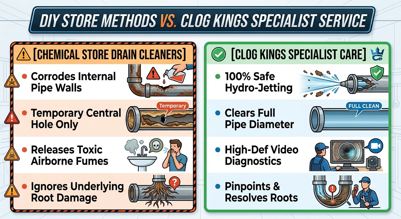 A side-by-side comparison graphic contrasting DIY chemical drain cleaners with professional plumbing services. The left side highlights the dangers of chemical cleaners, including pipe corrosion, incomplete block clearing, toxic fumes, and ignored root damage. The right side features Clog Kings' specialist solutions, such as safe hydro-jetting, full-diameter pipe clearing, high-definition camera diagnostics, and root resolution.