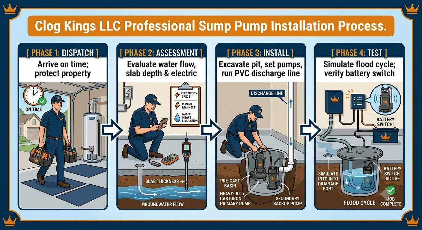 A comprehensive four-phase infographic detailing the professional sump pump installation process by Clog Kings LLC. The chart is organized into four distinct vertical panels with arrows guiding the user through each stage: Phase 1 (Dispatch), Phase 2 (Assessment), Phase 3 (Install), and Phase 4 (Test). Detailed illustrations feature professional technicians in branded navy blue uniforms and clear technical labels for components like "Slab Thickness," "Groundwater Flow," "Pre-Cast Basin," "Heavy-Duty Cast-Iron Primary Pump," "Secondary Backup Pump," and "Discharge Line." The final step highlights modern "Smart Testing" for real-world simulation and verification, with an overall gold crown branding aesthetic on a light blue background.