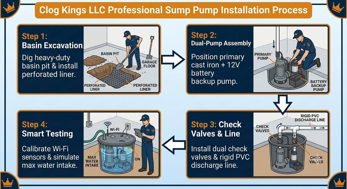 A comprehensive four-step infographic detailing the professional sump pump installation process by Clog Kings LLC. The chart is organized into four distinct panels with arrows guiding the user through each phase: Step 1 (Basin Excavation), Step 2 (Dual-Pump Assembly), Step 3 (Check Valves & Line), and Step 4 (Smart Testing). Illustrations feature professional technicians in branded navy blue uniforms and clear technical labels for components like the "Perforated Liner," "Primary Cast Iron Pump," "12V Battery Backup Pump," "Check Valves," and "Rigid PVC Discharge Line." The final step highlights "Wi-Fi Sensors" for modern, smart monitoring. The entire graphic uses the official Clog Kings blue and gold branding with a gold crown icon.