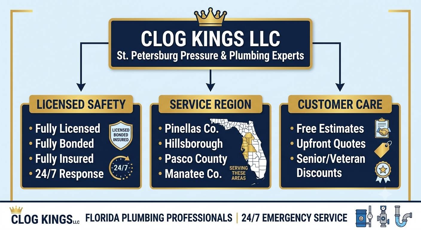 A professional infographic flowchart from Clog Kings LLC, titled "St. Petersburg Pressure & Plumbing Experts" with a prominent gold crown logo. The chart branches into three navy blue panels with gold header banners:LICENSED SAFETY: Lists "Fully Licensed," "Fully Bonded," "Fully Insured," and "24/7 Response," accompanied by a safety shield and 24/7 clock icon.SERVICE REGION: Lists "Pinellas Co.," "Hillsborough," "Pasco County," and "Manatee Co.," featured alongside a map of Florida highlighting the service area with a "SERVING THESE AREAS" label.CUSTOMER CARE: Lists "Free Estimates," "Upfront Quotes," and "Senior/Veteran Discounts," illustrated with clipboard, price tag, and military medal icons.The bottom banner reads "FLORIDA PLUMBING PROFESSIONALS | 24/7 EMERGENCY SERVICE" alongside the Clog Kings logo and plumbing fixture graphics.