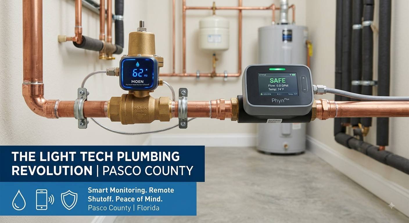 An informational infographic photo of a professional smart plumbing installation on a copper water main line within a modern Pasco County, Florida home utility room. Centrally positioned are two high-tech devices on the copper pipe: a MOEN brand brass smart shutoff valve with a digital display reading '62 PSI' and a Phyn Plus smart water monitor with a screen displaying 'SAFE | Flow: 0.0 GPM | Temp: 74°F'. Both are seamlessly integrated with clear, precise installation details. The background shows a modern water heater, expansion tank, and insulated pipes against a neutral wall, all under crisp lighting. The bottom-left quadrant features a dark blue banner with bold white text reading 'THE LIGHT TECH PLUMBING REVOLUTION | PASCO COUNTY', followed by text 'Smart Monitoring. Remote Shutoff. Peace of Mind. Pasco County | Florida', and icons representing a water drop, a smartphone, and a security shield.