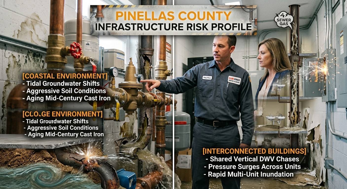 A complex documentary-style infographic titled "PINELLAS COUNTY INFRASTRUCTURE RISK PROFILE" that visualizes unique plumbing challenges. In a functional mechanical room, a Clog Kings plumber points out a large commercial valve assembly to a property manager. The image is split to illustrate causes and effects. The left side features detailed cross-section diagrams and a text block for [COASTAL ENVIRONMENT] describing the risks from tidal groundwater shifts and aggressive soil on aging sub-slab and cast-iron pipes. The right side illustrates a [INTERCONNECTED BUILDINGS] risk scenario with an electrical spark and a diagram showing a vertical sewer gas leak and cascading [SEWER GAS] inundation into a simulation of multiple apartment units (simulated by four sinks), with text listing how pressure surges affect lower units through shared chases. Timers [T+00 Min] and [T+15 Min] show failure points.