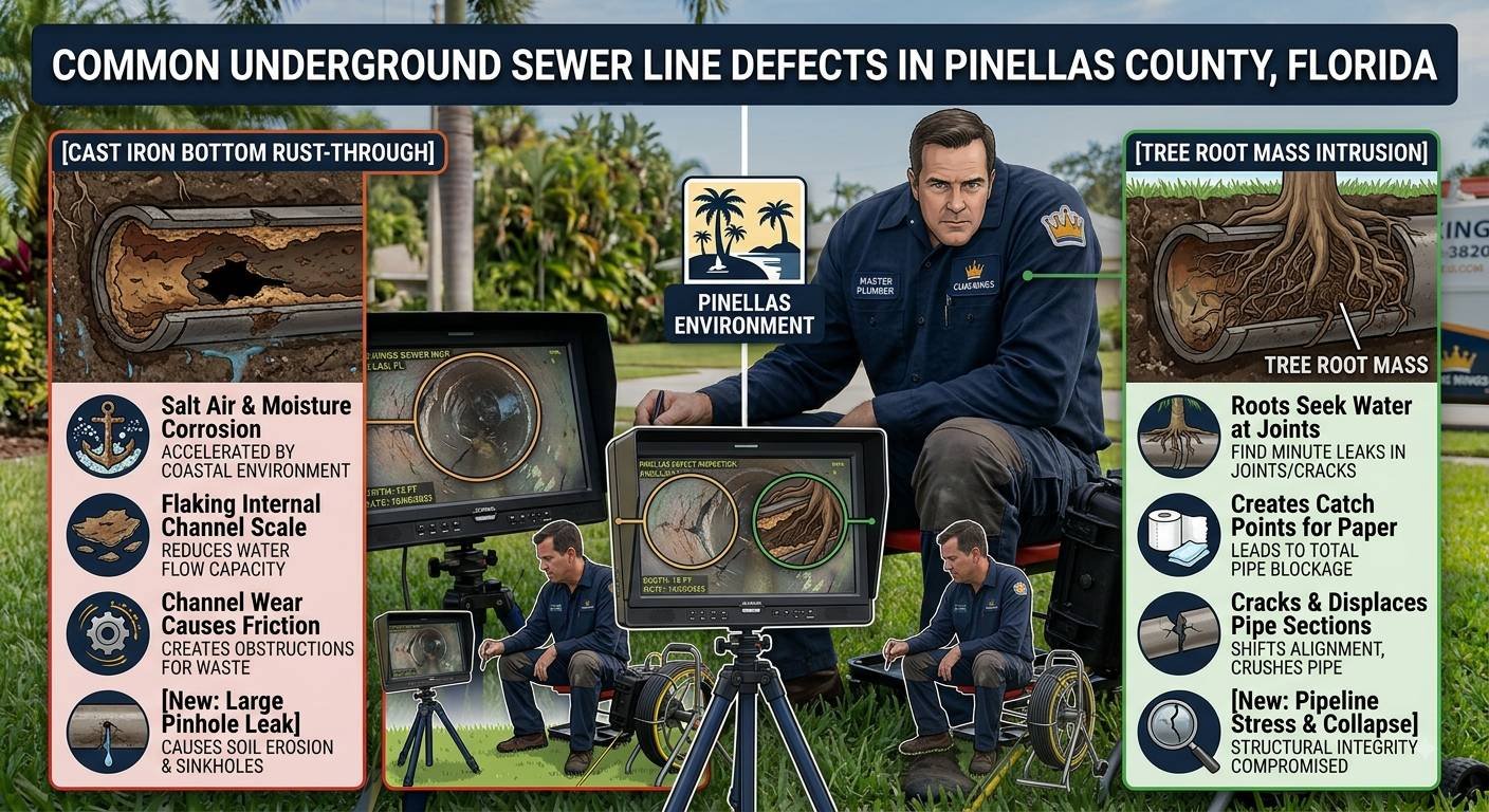 An educational infographic comparing two primary sewer pipe failure modes in Pinellas County, Florida, set against a background of a Clog Kings technician analyzing pipe camera footage on a lawn.Left Panel (Cast Iron Bottom Rust-Through): Features a cross-section diagram of an underground cast iron pipe with severe bottom corrosion and rust holes. Accompanying bullet points highlight:Salt Air & Moisture Corrosion: Accelerated by the coastal Florida environment.Flaking Internal Channel Scale: Reduces overall water flow capacity.Channel Wear Causes Friction: Creates rough obstructions that snag waste.Pinhole Leaks: Causes soil erosion and localized sinkholes.Right Panel (Tree Root Mass Intrusion): Displays a cross-section diagram of a subterranean tree root network penetrating through pipe joints and clogging the interior channel. Accompanying bullet points detail:Roots Seek Water at Joints: Roots target minute leaks and hairline cracks in pipe seams.Creates Catch Points for Paper: Dense root masses catch toilet paper, leading to complete blockages.Cracks & Displaces Pipe Sections: Root expansion shifts pipe alignment and crushes pipe walls.Pipeline Stress & Collapse: Compromises the overall structural integrity of the line.