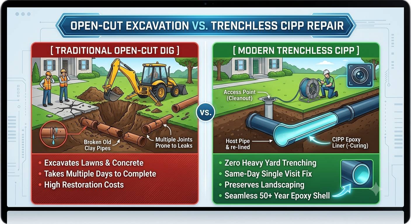 An illustrative infographic on a laptop screen titled 'OPEN-CUT EXCAVATION VS. TRENCHLESS CIPP REPAIR', divided into two comparison panels. The left panel, labeled '[TRADITIONAL OPEN-CUT DIG]' in red, shows a messy illustration of a backhoe excavator creating a deep trench across a lawn and concrete driveway to access broken clay pipes. A cross-section details the disruptive, labor-intensive process, listing negatives like 'Excavates Lawns & Concrete', 'Takes Multiple Days to Complete', and 'High Restoration Costs'. The right panel, labeled '[MODERN TRENCHLESS CIPP]' in green, shows a neat illustration of a technician and a camera scope using a single cleanout access point to repair a pipe from within. A cross-section of the seamless 50+ year epoxy shell highlights the process of CIPP lining. Positives listed include 'Zero Heavy Yard Trenching', 'Same-Day Single Visit Fix', 'Preserves Landscaping', and 'Seamless 50+ Year Epoxy Shell'. A stylized 'VS.' graphic splits the two panels, emphasizing the contrast in methods.