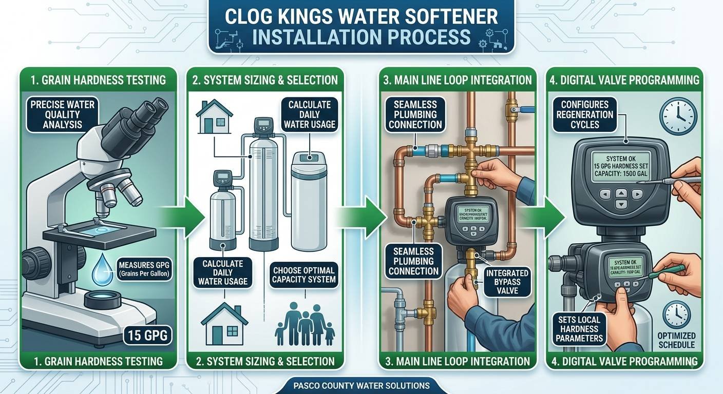 A step-by-step four-phase flowchart infographic detailing the Clog Kings Water Softener Installation Process for Pasco County homeowners. The layout features green-accented panels connected left-to-right by green directional arrows.Step 1: Grain Hardness Testing: Shows a laboratory microscope evaluating a water droplet with text specifying "PRECISE WATER QUALITY ANALYSIS" and "MEASURES GPG (Grains Per Gallon)," displaying a result of "15 GPG."Step 2: System Sizing & Selection: Illustrates water softener tank configurations alongside home and family icons, detailing "CALCULATE DAILY WATER USAGE" and "CHOOSE OPTIMAL CAPACITY SYSTEM."Step 3: Main Line Loop Integration: Demonstrates a technician installing dynamic copper plumbing connections and an integrated bypass valve into the main water line loop.Step 4: Digital Valve Programming: Displays a close-up of a technician configuring the LCD digital control valve screen, showing "SYSTEM OK - 15 GPG HARDNESS SET" with labels for "CONFIGURES REGENERATION CYCLES" and "SETS LOCAL HARDNESS PARAMETERS."