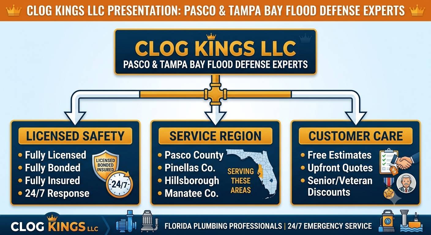 An infographic detailing the service and qualifications of Clog Kings LLC, titled "PASCO & TAMPA BAY FLOOD DEFENSE EXPERTS." The chart features three main pillars branching down from the central company logo: "LICENSED SAFETY" (Fully Licensed, Fully Bonded, Fully Insured, 24/7 Response), "SERVICE REGION" (Pasco, Pinellas, Hillsborough, and Manatee Counties, highlighted on a Florida map), and "CUSTOMER CARE" (Free Estimates, Upfront Quotes, Senior/Veteran Discounts). The entire graphic uses Clog Kings branding colors—deep navy blue and vibrant gold-orange—with illustrations like a 24/7 clock, a service map, and military discounts. The bottom banner confirms: "FLORIDA PLUMBING PROFESSIONALS | 24/7 EMERGENCY SERVICE" next to the Clog Kings logo.