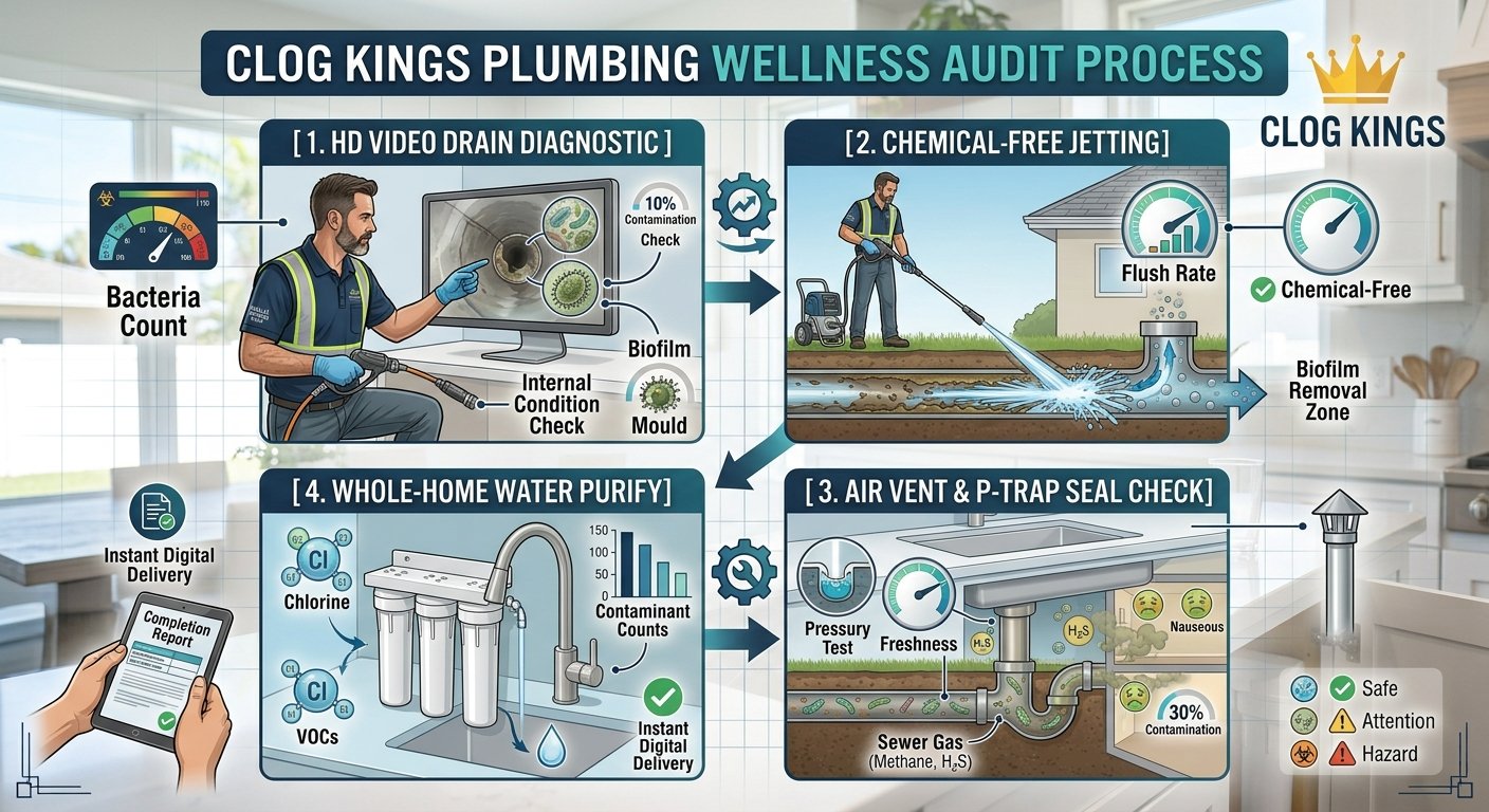A four-step process graphic titled "CLOG KINGS PLUMBING WELLNESS AUDIT PROCESS" demonstrating home plumbing restoration stages overlaid on a bright kitchen background.Step 1: HD Video Drain Diagnostic displays a technician pointing to a monitor evaluating internal pipe condition, biofilm, and mold contamination.Step 2: Chemical-Free Jetting illustrates hydro-jetting equipment clearing an outdoor underground line to flush away buildup without harsh chemicals.Step 3: Air Vent & P-Trap Seal Check details a sink P-trap cutaway and roof vent stack undergoing pressure testing to prevent sewer gas leaks and odors.Step 4: Whole-Home Water Purify features an under-sink multi-stage water filter reducing chlorine and VOCs, alongside a tablet displaying an instant digital completion report.