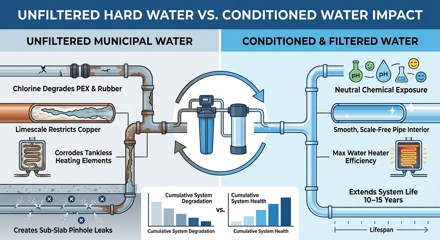 An infographic comparing the effects of unfiltered municipal hard water versus conditioned and filtered water on plumbing systems. The left side, titled "UNFILTERED MUNICIPAL WATER," illustrates degraded components, including leaky pipes labeled "Chlorine Degrades PEX & Rubber," a copper pipe restricted by "Limescale Restricts Copper," and a corroded heating element for "Corrodes Tankless Heating Elements," with sub-slab leaks shown in a cutaway diagram and a "Cumulative System Degradation" bar chart at the bottom. The right side, titled "CONDITIONED & FILTERED WATER," shows pristine components, with "Neutral Chemical Exposure" represented by pH symbols, a cutaway of a "Smooth, Scale-Free Pipe Interior," and an efficient heating coil labeled "Max Water Heater Efficiency," with a cumulative bar chart indicating "Cumulative System Health" and a timeline for "Extends System Life 10-15 Years." In the center, a water filtration and conditioning system sits within circular arrows, showing the water's transformation.