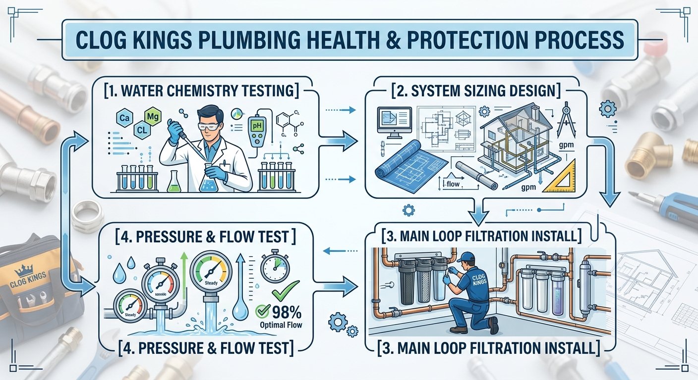 An infographic illustrating the four-step "Clog Kings Plumbing Health & Protection Process" with photorealistic elements overlaid on technical drawings. It starts with "1. WATER CHEMISTRY TESTING" in a lab, moving to "2. SYSTEM SIZING DESIGN" with blueprints, followed by "3. MAIN LOOP FILTRATION INSTALL" and "4. PRESSURE & FLOW TEST" showing optimal flow and pressure gauges, all centered around a water filtration system within a house.