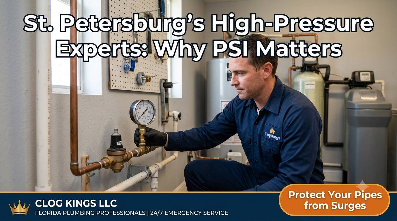 A documentary-style photograph of a Clog Kings LLC plumbing technician in a dark blue uniform crouching in a bright St. Petersburg residential utility room. He is carefully attaching and reading a professional analog pressure gauge connected to a main water supply line and Pressure Reducing Valve (PRV). Across the top is bold white text reading "St. Petersburg’s High-Pressure Experts: Why PSI Matters." The bottom features a navy blue Clog Kings LLC branded footer with an orange-gold callout bubble reading "Protect Your Pipes from Surges."