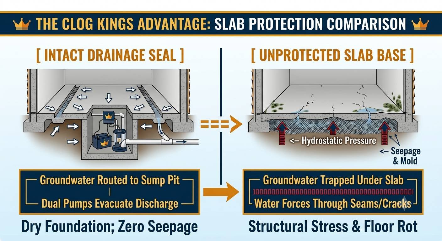 A split-screen diagram created by Clog Kings LLC illustrating the difference between a protected foundation and an unprotected slab base. The left panel shows an "INTACT DRAINAGE SEAL," where groundwater is safely routed into a sump pit with dual pumps, keeping the foundation dry with zero seepage. The right panel demonstrates an "UNPROTECTED SLAB BASE," showing hydrostatic pressure forcing trapped groundwater up through slab seams and cracks, causing seepage, mold growth, and structural stress.