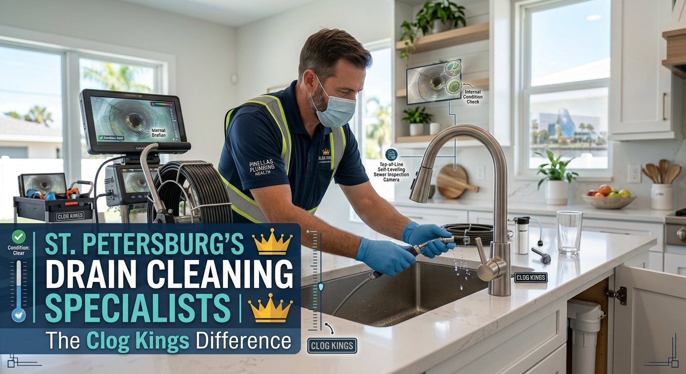 A professional technician wearing a face mask and Clog Kings branded uniform operating drain inspection camera equipment at a kitchen sink in a bright, modern St. Petersburg home. On the left side of the counter, a monitor displays live video feed of the pipe's interior. Bold text overlaid in the bottom left corner reads "ST. PETERSBURG'S DRAIN CLEANING SPECIALISTS | The Clog Kings Difference" alongside a Clog Kings crown logo and quality check graphics.