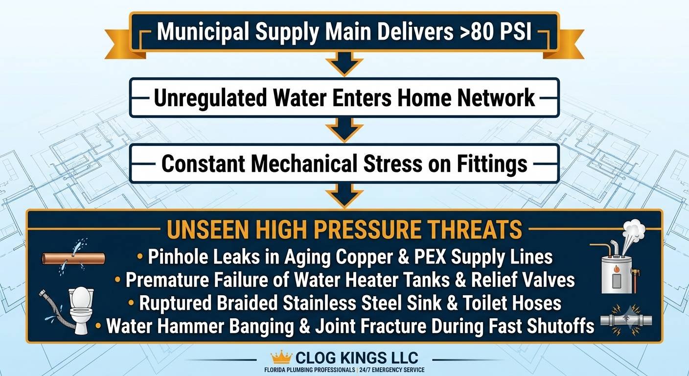 A vertical process flowchart created by Clog Kings LLC demonstrating the cause and consequences of high water pressure in homes. Downward pointing arrows connect three sequential top boxes: "Municipal Supply Main Delivers >80 PSI," "Unregulated Water Enters Home Network," and "Constant Mechanical Stress on Fittings." These lead into a larger dark navy box labeled "UNSEEN HIGH PRESSURE THREATS" containing bulleted hazards:Pinhole Leaks in Aging Copper & PEX Supply LinesPremature Failure of Water Heater Tanks & Relief ValvesRuptured Braided Stainless Steel Sink & Toilet HosesWater Hammer Banging & Joint Fracture During Fast ShutoffsThe threats are visually illustrated with graphics of a leaking copper pipe, a leaking toilet hose, a steaming water heater tank, and a fracturing pipe joint. The bottom footer features the Clog Kings LLC logo and "FLORIDA PLUMBING PROFESSIONALS | 24/7 EMERGENCY SERVICE."