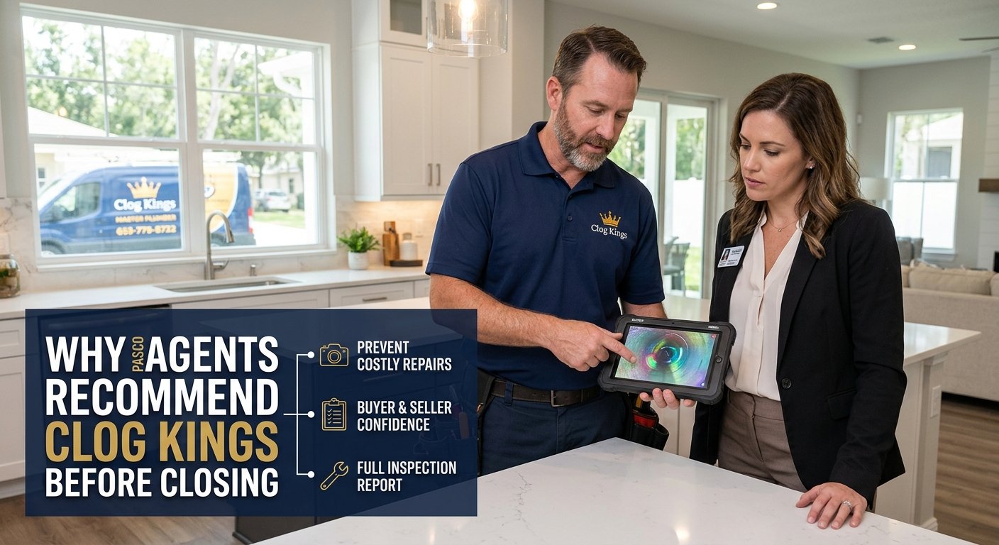 A Clog Kings master plumber showing a sewer camera inspection video on a tablet to a female real estate agent inside a modern Wesley Chapel kitchen, with a navy graphic in the bottom-left corner reading "WHY PASCO AGENTS RECOMMEND CLOG KINGS BEFORE CLOSING" and key points for pre-closing inspections.