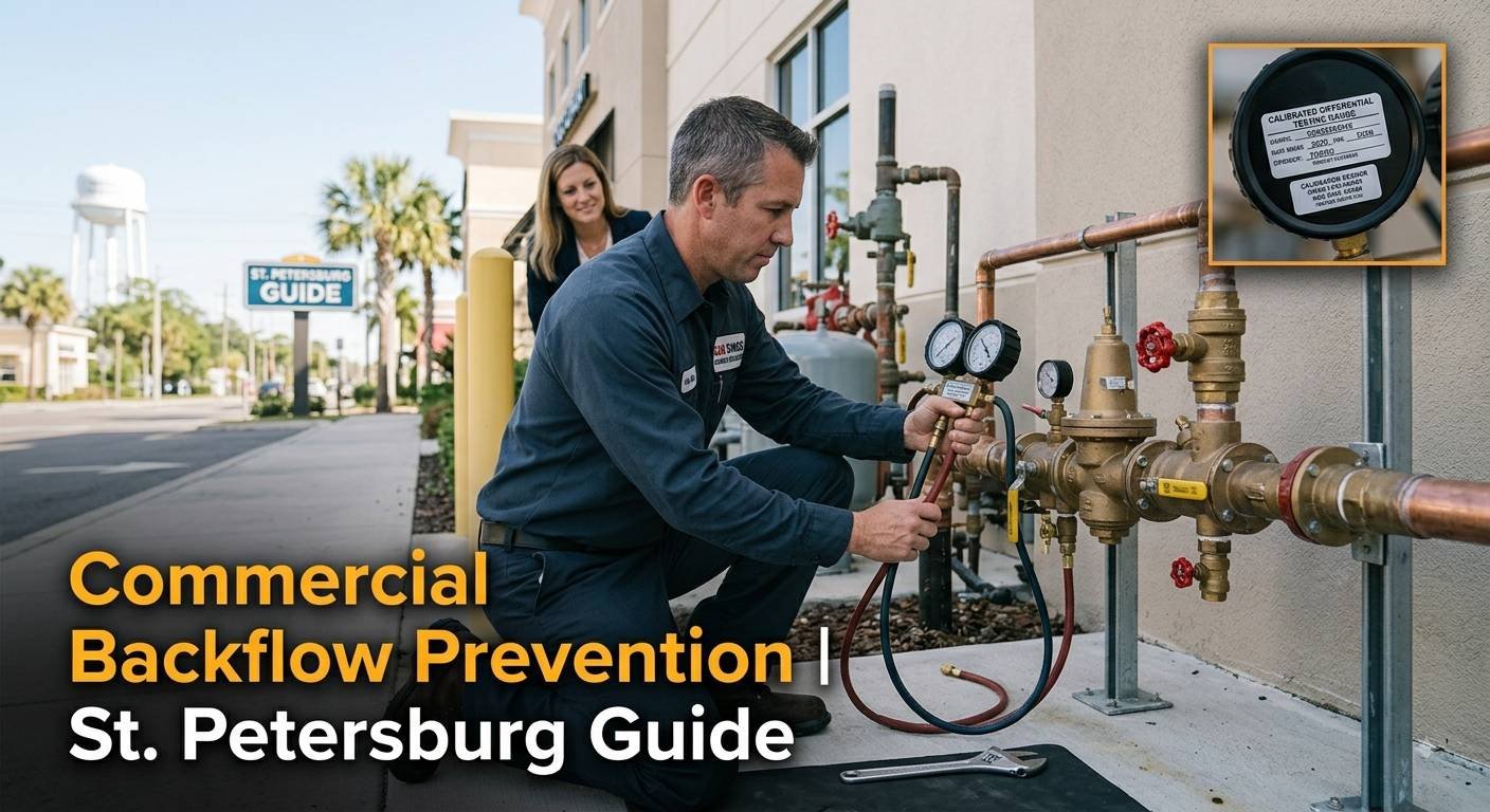 A professional documentary-style photograph from a St. Petersburg, Florida commercial building exterior, where a certified Clog Kings master plumber, with the same likeness as the plumber from previous images, meticulously uses a calibrated differential pressure testing gauge (detailed inset photo, upper right) to test a large, complex brass commercial Reduced Pressure Zone (RPZ) backflow preventer assembly (similar in quality to the engineered luxury system in image_26.png). The plumber is focused, kneeling, and actively engaging with test cocks and valves, with a wrench nearby on a clean work mat. The RPZ assembly is prominently mounted on a concrete slab next to the building's exterior wall. Crisp focus highlights the intricate brass valves, internal components, test cocks, copper pipes, and connections. In the background, there's a glimpses of other industrial plumbing, the property manager from image_30.png observing with approval, palm trees, and a clear view of a St. Petersburg street scene with a distant water tower and a "ST. PETERSBURG GUIDE" sign. Bright, natural daylight from a clear Florida sky illuminates the scene, creating defined shadows and highlighting the texture of the brass and the plumber's uniform. Overlaid text in the bottom left quadrant reads: "Commercial Backflow Prevention | St. Petersburg Guide". The camera is low and captures the atmosphere. Grain is present but fine, adding to the documentary feel. No other people are visible.