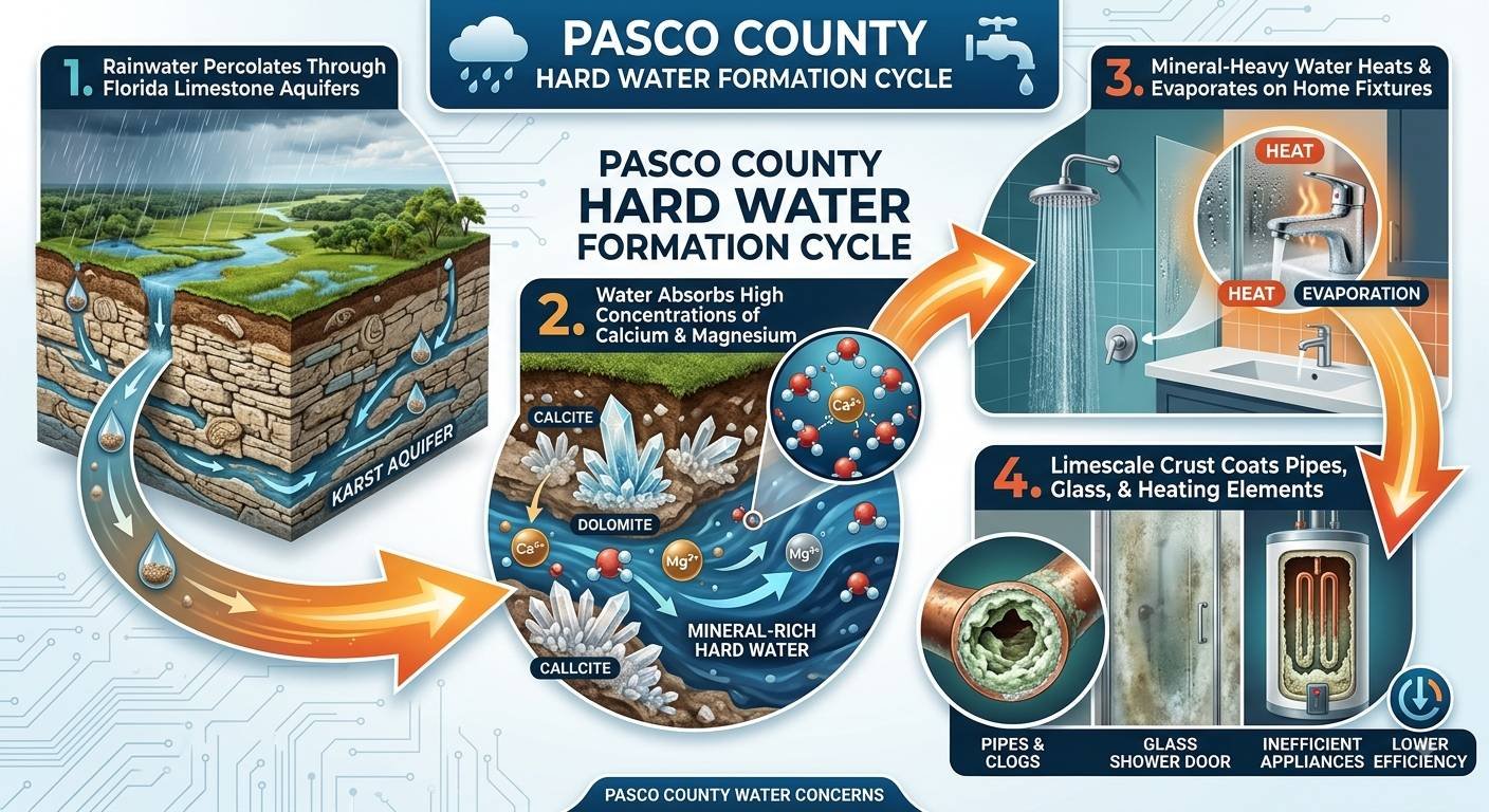 An educational 4-step infographic detailing the natural and domestic lifecycle of hard water in Pasco County, Florida. The infographic flows clockwise using curved orange arrows against a high-tech circuit background.Step 1 (Top Left): "Rainwater Percolates Through Florida Limestone Aquifers," showing a 3D cross-section diagram of Florida terrain with rain filtering through soil layers into a subterranean "KARST AQUIFER."Step 2 (Center Bottom): "Water Absorbs High Concentrations of Calcium & Magnesium," displaying a molecular diagram of water interacting with calcite and dolomite minerals, transforming it into mineral-rich hard water with calcium and magnesium ions.Step 3 (Top Right): "Mineral-Heavy Water Heats & Evaporates on Home Fixtures," illustrating a bathroom environment where hot water flows from a showerhead and faucet, causing heat and evaporation.Step 4 (Bottom Right): "Limescale Crust Coats Pipes, Glass, & Heating Elements," showcasing three circular insets highlighting severe scale buildup: clogged copper pipes, a spotted glass shower door, and an inefficient water heater heating element, noting "LOWER EFFICIENCY."