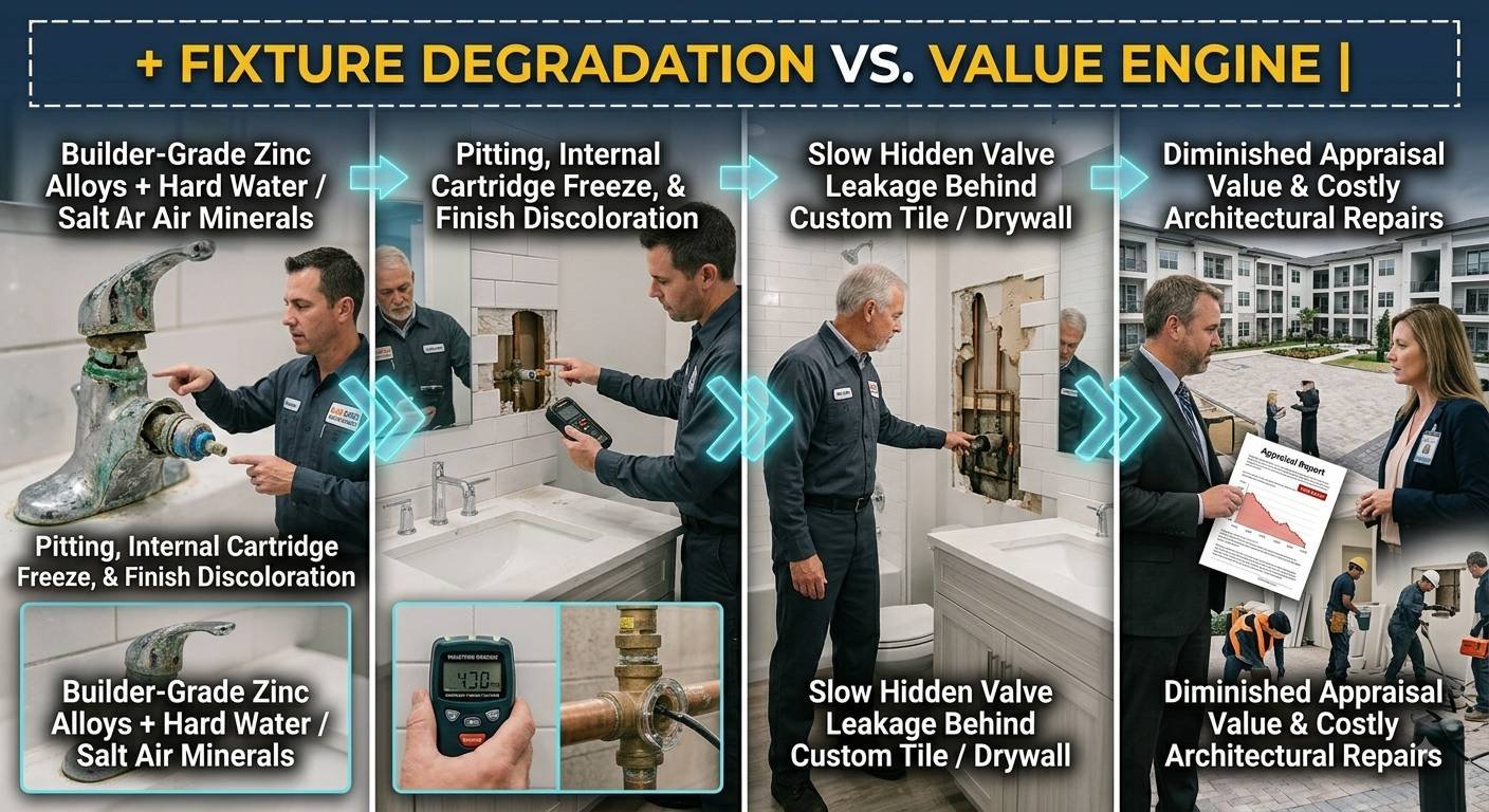 An infographic illustrating the financial and structural impact of plumbing corrosion in four sequential stages:Panel 1: A technician examining a corroded faucet suffering from pitting and mineral buildup caused by hard water and salt air.Panel 2: A plumber using a digital meter to detect hidden moisture behind a bathroom tiled wall near a shower valve.Panel 3: A technician inspecting open wall tile work where a slow, hidden valve leak has damaged the internal framing and drywall.Panel 4: Property managers reviewing an appraisal report showing declining value alongside construction workers repairing costly architectural water damage on an apartment complex.