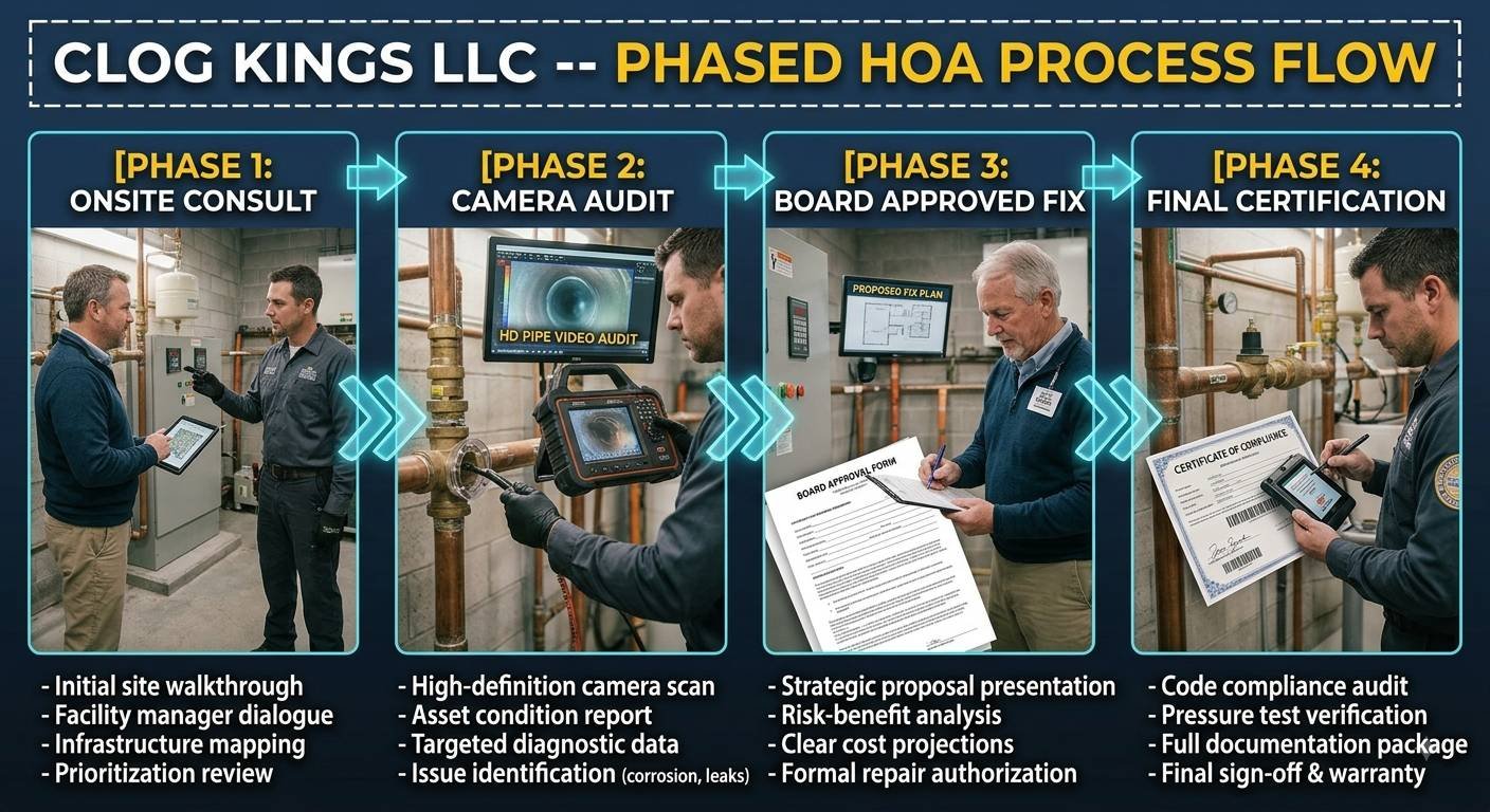 Option 1 (Concise):A four-step infographic titled "Clog Kings LLC -- Phased HOA Process Flow" showing the sequential stages of a plumbing project: Phase 1: Onsite Consult; Phase 2: Camera Audit; Phase 3: Board Approved Fix; and Phase 4: Final Certification.Option 2 (Detailed - Recommended for SEO):An infographic detailing a 4-phase HOA plumbing process flow. It features:Phase 1: Onsite Consult with a technician and facility manager performing a walkthrough.Phase 2: Camera Audit showing a pipe being inspected with a digital snake camera and a monitor showing "HD Pipe Video Audit."Phase 3: Board Approved Fix depicting a man reviewing and signing a "Board Approval Form" and a "Proposed Fix Plan" monitor.Phase 4: Final Certification showing a technician using a tablet to sign a "Certificate of Compliance."
Each panel includes a bulleted list describing key activities within that phase.