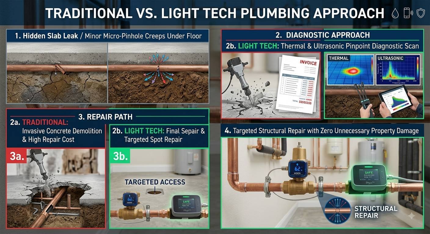 An informational infographic contrasting traditional plumbing repair methods with modern "Light Tech" solutions for hidden slab leaks. The infographic is divided into four main sections with a flow from left to right.Section 1 (Top Left): "Hidden Slab Leak / Minor Micro-Pinhole Creeps Under Floor," illustrating a copper pipe leaking under a concrete floor and soil.
Section 2 (Top Right): "DIAGNOSTIC APPROACH," contrasting an invasive traditional jackhammer and high invoice cost with non-invasive Light Tech diagnostics, including thermal and ultrasonic pinpoint diagnostic scans shown on a tablet and device.
Section 3 (Bottom Left): "REPAIR PATH," contrasting a traditional invasive approach with jackhammers, concrete demolition, and high repair cost against a Light Tech path with final diagnostics and targeted spot repair using "TARGETED ACCESS" to minimize damage.
Section 4 (Bottom Right): "Targeted Structural Repair with Zero Unnecessary Property Damage," showing a clean repair site featuring a water heater and copper piping with smart water shutoff valves and monitoring devices (labeled MOEN and Phyn), alongside a "STRUCTURAL REPAIR" diagram.The overall style combines realistic illustrations and photographs with clear text labels and icons for an educational guide.
