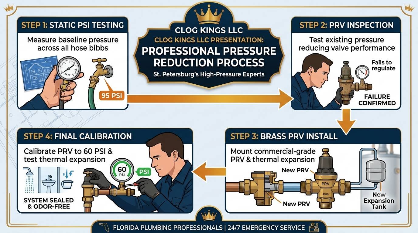 A horizontal process flowchart infographic for 'CLOG KINGS LLC PRESENTATION: PROFESSIONAL PRESSURE REDUCTION PROCESS,' with the subtitle 'St. Petersburg's High-Pressure Experts.' Four navy blue panels with gold headers and detailed illustrations show a step-by-step plumbing service:STEP 1: STATIC PSI TESTING: A hand measures high water pressure at a hose bibb using a pressure gauge, reading 95 PSI, next to a schematic house blueprint.STEP 2: PRV INSPECTION: A Clog Kings technician inspects an existing Pressure Reducing Valve (PRV), confirming its failure to regulate flow with a gauge.STEP 3: BRASS PRV INSTALL: Detailed cross-sections illustrate a newly installed commercial-grade brass PRV and thermal expansion tank.STEP 4: FINAL CALIBRATION: The technician uses a tool to precisely adjust the new PRV to 60 PSI, accompanied by a multi-fixture test and green checkmark confirming 'SYSTEM SEALED & ODOR-FREE.'The entire image is framed with gold crown accents and a bottom banner reading 'FLORIDA PLUMBING PROFESSIONALS | 24/7 EMERGENCY SERVICE.'