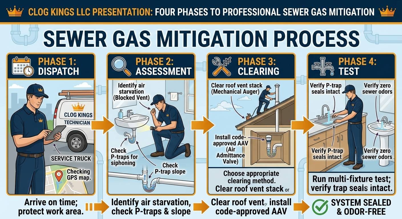 A horizontal four-step process flowchart created by Clog Kings LLC titled "SEWER GAS MITIGATION PROCESS." The chart features four dark navy blue panels with gold header banners and detailed step-by-step illustrations:PHASE 1: DISPATCH: Shows a Clog Kings technician next to a branded service van checking a GPS map, with text reading "Arrive on time; protect work area."PHASE 2: ASSESSMENT: Illustrates the technician using a flashlight under a bathroom sink to inspect plumbing lines, labeled "Identify air starvation (Blocked Vent)," "Check P-traps for siphoning," and "Check P-trap slope."PHASE 3: CLEARING: Demonstrates two repair options—a technician on a roof clearing a vent stack with a mechanical auger, and an under-sink diagram showing an installed code-approved Air Admittance Valve (AAV).PHASE 4: TEST: Shows the technician running faucets during a multi-fixture test, with callouts verifying P-trap seals remain intact with zero sewer odors, leading to a green checkmark indicating "SYSTEM SEALED & ODOR-FREE."The infographic is presented on a light blue background with gold crown accents and Clog Kings branding across the top header.