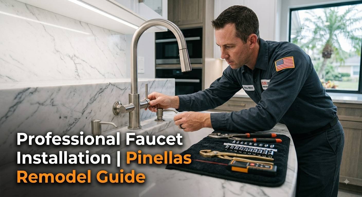 A close-up documentary photograph of a professional Clog Kings plumber with grey hair, in a clean dark uniform, meticulous installing a sleek brushed nickel single-handle kitchen faucet with matching soap dispenser. His precise hands with brass-jaw pliers make the final connections onto a pristine white marble countertop with grey veining in a Pinellas County, Florida remodel. Precision tools, including miniature wrench sets and a multi-point laser level, are organized on a plush dark work mat under bright, modern LED task lighting. A new, modern under-mount sink is visible. Reflected in the polished marble backsplashes are other sophisticated kitchen features. Overlaid text in the bottom left quadrant reads: "Professional Faucet Installation | Pinellas Remodel Guide". Natural light filters in from a side window, highlighting textures. The focus is critical on the hands and tools.