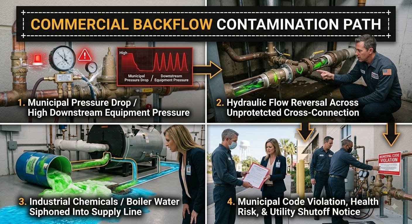 A four-panel infographic illustrating the four-step sequence of a commercial backflow contamination event and its legal consequences:Panel 1 (Top-Left): A close-up of a pressure gauge on an RPZ valve assembly indicating a severe municipal pressure drop with red warning light graphics and a pressure graph inset displaying high downstream pressure relative to low supply pressure. Text reads: "1. Municipal Pressure Drop / High Downstream Equipment Pressure".Panel 2 (Top-Right): A master plumber points to a clear cutaway pipe showing green-tinted contaminated fluid reversing direction across an unprotected cross-connection valve. Text reads: "2. Hydraulic Flow Reversal Across Unprotected Cross-Connection".Panel 3 (Bottom-Left): An industrial boiler room where green chemical fluid from a tipped barrel is siphoned directly back into the primary building water supply line as a concerned property manager looks on. Text reads: "3. Industrial Chemicals / Boiler Water Siphoned Into Supply Line".Panel 4 (Bottom-Right): A split scene showing a plumber presenting an official shutoff notice to a property manager outside, while city inspectors post a red "MUNICIPAL CODE VIOLATION" notice directly on the non-compliant commercial backflow assembly. Text reads: "4. Municipal Code Violation, Health Risk, & Utility Shutoff Notice".