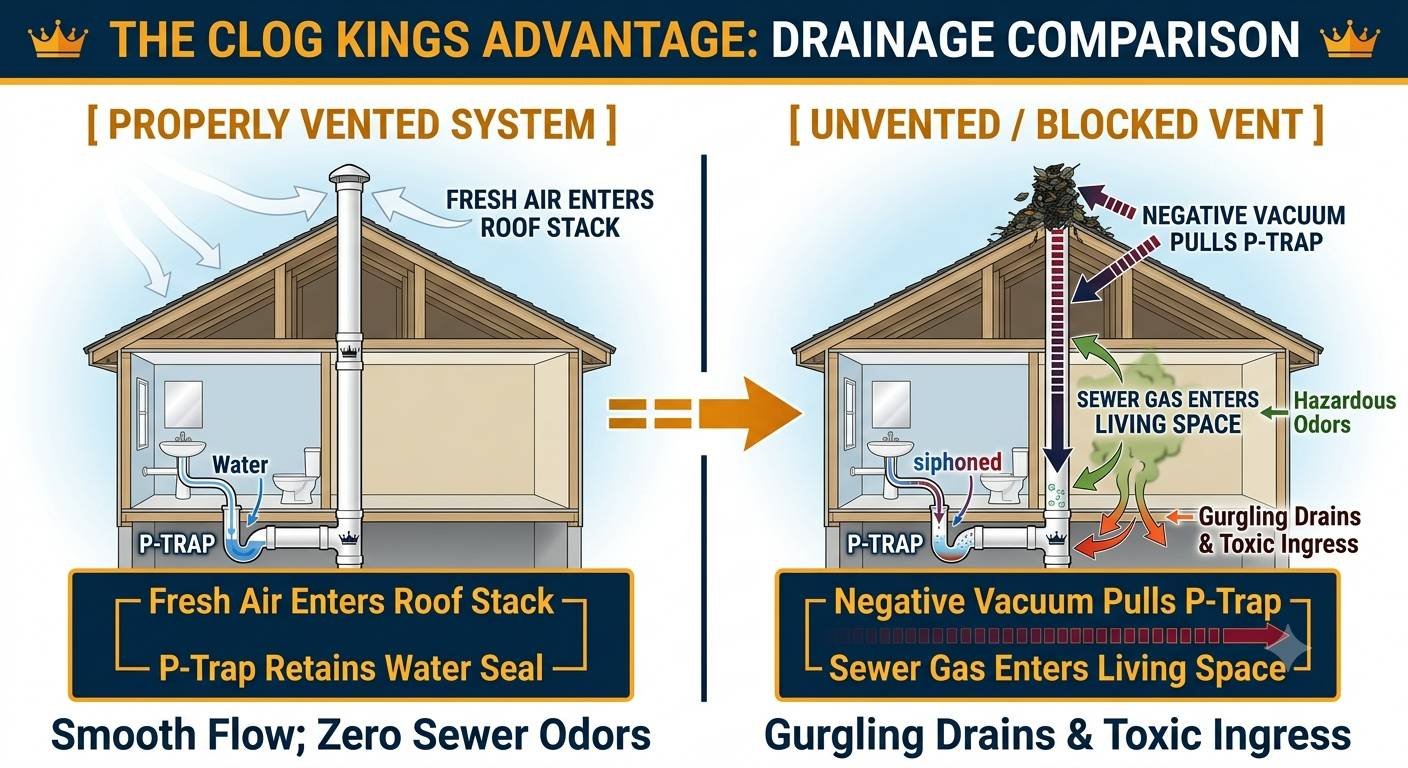 A split-screen architectural diagram created by Clog Kings LLC titled "THE CLOG KINGS ADVANTAGE: DRAINAGE COMPARISON." The left side illustrates a "PROPERLY VENTED SYSTEM," showing fresh air freely entering the roof vent stack while the sink's P-trap retains a full water seal, resulting in smooth drainage flow and zero sewer odors. The right side illustrates an "UNVENTED / BLOCKED VENT" system, showing debris blocking the roof stack. This creates a negative vacuum that siphons water out of the P-trap, allowing hazardous sewer gases, green fumes, and odors to escape directly into the living space while causing gurgling drains.