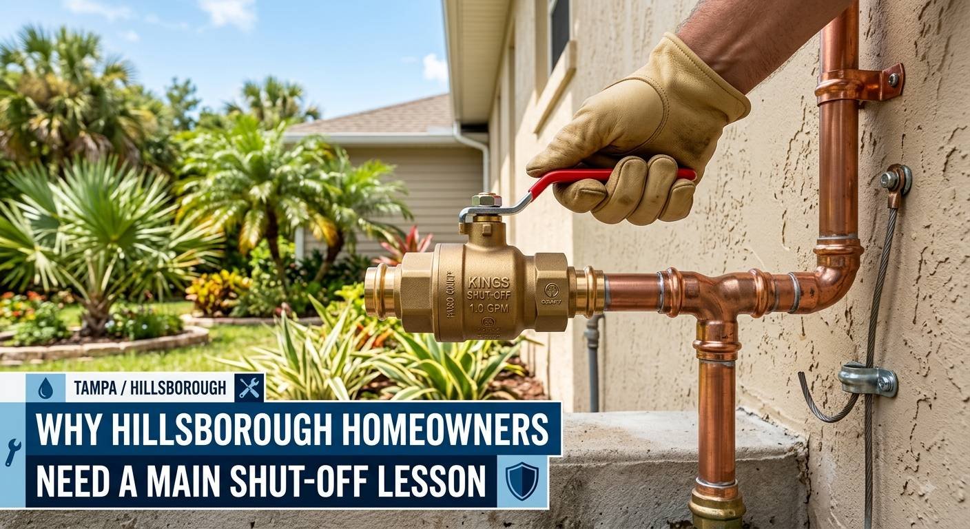 A professional photograph of a technician's gloved hand turning a bright red lever on a modern brass quarter-turn main water shut-off valve, attached to clean copper piping along the exterior stucco wall of a Tampa, Florida home. Bright Florida sunlight illuminates the scene, highlighting lush palms and a manicured yard in the background. Overlaid in the bottom-left quadrant is a modern dark blue graphic banner featuring a water drop, crossed wrenches, and a shield icon, with bold white text that reads: "TAMPA / HILLSBOROUGH | WHY HILLSBOROUGH HOMEOWNERS NEED A MAIN SHUT-OFF LESSON".