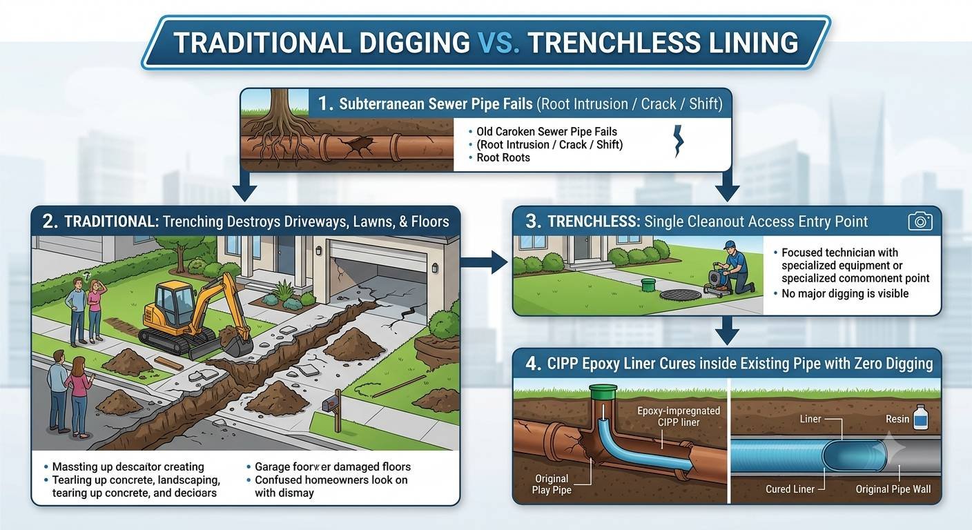 An infographic titled "TRADITIONAL DIGGING VS. TRENCHLESS LINING" that provides a four-step comparison of sewer pipe repair methods.
The top step, labeled "1. Subterranean Sewer Pipe Fails," shows an underground illustration of a cracked pipe invaded by tree roots.
Below this, the infographic splits into two pathways. On the left, labeled "2. TRADITIONAL: Trenching Destroys Driveways, Lawns, & Floors," an illustration depicts an excavator digging a deep, invasive trench through a home's driveway and lawn, while homeowners look on in distress. Text points note damage to floors and concrete, and mass excavation.
On the right, labeled "3. TRENCHLESS: Single Cleanout Access Entry Point," an illustration shows a focused technician on a pristine lawn using specialized equipment, with text stating that no major digging is visible.
The right pathway continues to "4. CIPP Epoxy Liner Cures inside Existing Pipe with Zero Digging," which features a cutaway illustration of a resin-impregnated liner curing inside an old pipe to create a new one. The final illustration shows a detailed cross-section of the "Original Pipe Wall," the "Liner," and the "Cured Liner," highlighting the epoxy resin.