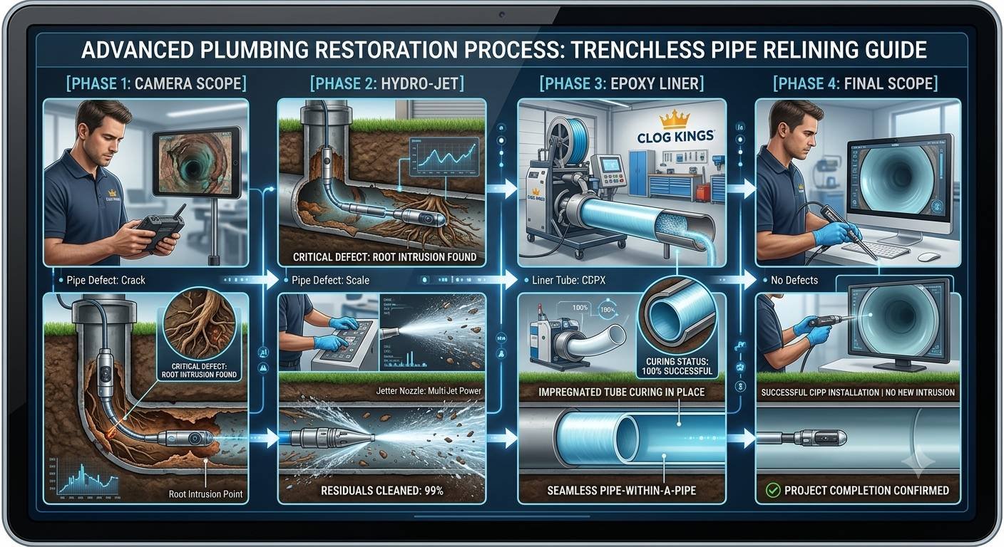 A 4-phase infographic displayed on a digital tablet illustrating the trenchless pipe relining process.Phase 1: Camera Scope shows a technician using an HD camera probe to inspect a underground pipe, identifying a critical root intrusion defect.Phase 2: Hydro-Jet depicts a high-pressure jetter nozzle clearing away scale and tree roots to clean the host pipe interior.Phase 3: Epoxy Liner illustrates a resin-impregnated tube being inverted and cured inside the existing pipe, forming a seamless pipe-within-a-pipe.Phase 4: Final Scope presents a technician conducting a second camera inspection on a monitor, confirming a fully restored, defect-free pipe installation.