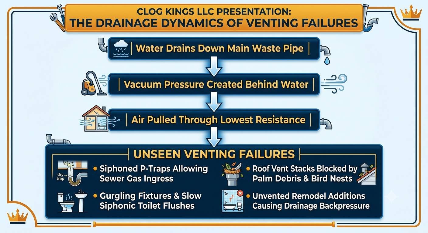 An informative infographic flowchart created by Clog Kings LLC explaining how plumbing venting failures occur. The chart uses three dark navy blue boxes with bold gold text connected by downward arrows. The process traces "Water Drains Down Main Waste Pipe" to "Vacuum Pressure Created Behind Water," and finally "Air Pulled Through Lowest Resistance." A large bottom section details "UNSEEN VENTING FAILURES," listing four common issues with illustrative icons: "Siphoned P-Traps Allowing Sewer Gas Ingress," "Roof Vent Stacks Blocked by Palm Debris & Bird Nests," "Gurgling Fixtures & Slow Siphonic Toilet Flushes," and "Unvented Remodel Additions Causing Drainage Backpressure." The entire graphic uses Clog Kings branding with a gold crown and border.