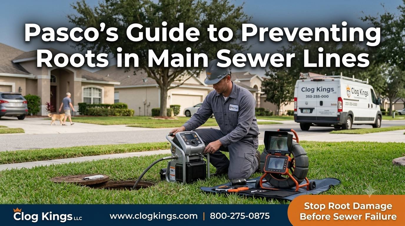 A realistic, documentary-style image set in a suburban Pasco County neighborhood showcasing a professional plumbing setup on a green lawn. A Clog Kings technician wearing a gray work shirt, safety vest, and hard hat kneels on the grass holding a tablet next to a modern hydro-jetting machine and a sewer camera reel. In the foreground, an open outdoor sewer access port sits in the lawn. In the background, single-story residential homes and a branded Clog Kings service van are visible. Across the top, bold overlay text reads "Pasco's Guide to Preventing Roots in Main Sewer Lines". A dark navy footer spans the bottom with the Clog Kings LLC logo and website address, alongside a bright orange callout box that reads "Stop Root Damage Before Sewer Failure".