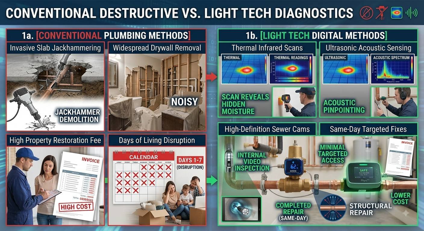 A detailed informational infographic contrasting conventional, destructive plumbing methods with modern, non-invasive digital diagnostics, combining illustrations, photos, and graphical data. The overall graphic is split into a red-coded '1a. CONVENTIONAL PLUMBING METHODS' section and a green-coded '1b. LIGHT TECH DIGITAL METHODS' section, linked by flow arrows.The red conventional side features four panels illustrating high-cost, high-disruption activities: 'Invasive Slab Jackhammering' showing a cross-section of a broken slab with a jackhammer; 'Widespread Drywall Removal' depicting a torn-apart bathroom with a 'NOISY' label; 'High Property Restoration Fee' showing a stressed couple and contractor reviewing a high invoice with a 'HIGH COST' stamp; and 'Days of Living Disruption' featuring a calendar marked with extensive 'X's for days 1-7 and a displaced family surrounded by boxes.The green light tech side features five panels demonstrating modern diagnostic tools: 'Thermal Infrared Scans' and 'Ultrasonic Acoustic Sensing' showing data visualizations on screens next to technicians using a thermal camera and listening probes on pipes; 'High-Definition Sewer Cams' with an 'Internal Video Inspection' view from inside a pipe on a screen; and 'Same-Day Targeted Fixes' depicting a clean, completed repair with complex smart devices (labeled 'Phyn' and 'Moen'), illustrating 'Minimal Targeted Access' and 'Lower Cost'. This final section also includes a diagram of a 'Structural Repair' and a completed invoice. The background is a digital circuit pattern, and the color coding emphasizes cost and efficiency.