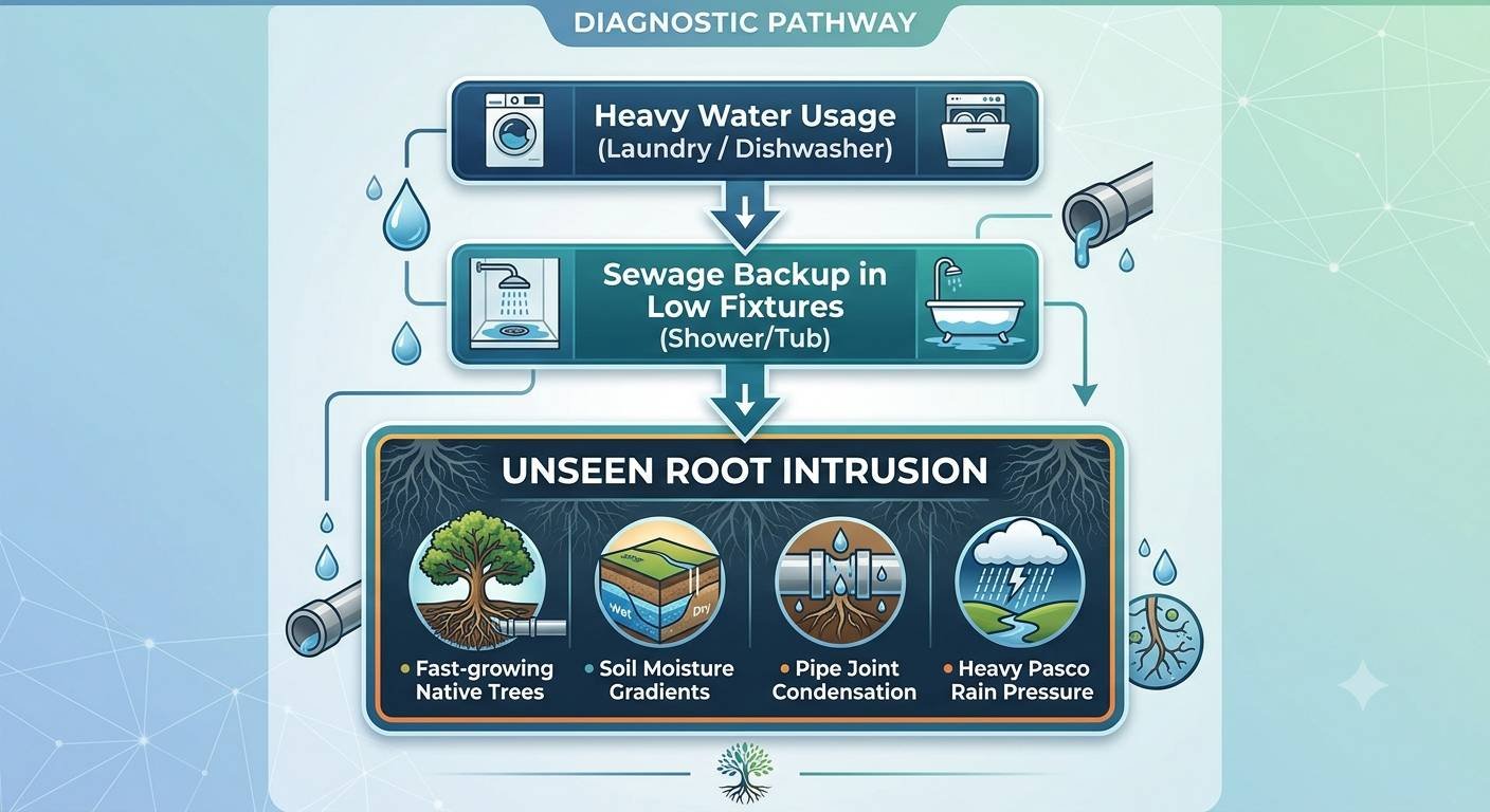 A clean, modern technical diagram titled "DIAGNOSTIC PATHWAY" showing a top-to-bottom flowchart set against a light blue and teal background.The top navy blue box features icons for a washing machine and dishwasher, labeled "Heavy Water Usage (Laundry / Dishwasher)".An arrow points down to a middle blue-green box with icons for a shower and bathtub, labeled "Sewage Backup in Low Fixtures (Shower/Tub)".A second arrow leads to a larger dark bottom container titled "UNSEEN ROOT INTRUSION," which features four circular illustrations:Fast-growing Native Trees: A large oak tree with deep roots reaching toward an underground pipe.Soil Moisture Gradients: A cross-section diagram showing dry and wet soil layers.Pipe Joint Condensation: Water droplets condensing around a pipe joint underground surrounded by tree roots.Heavy Pasco Rain Pressure: A storm cloud with rain pouring down over a green landscape.