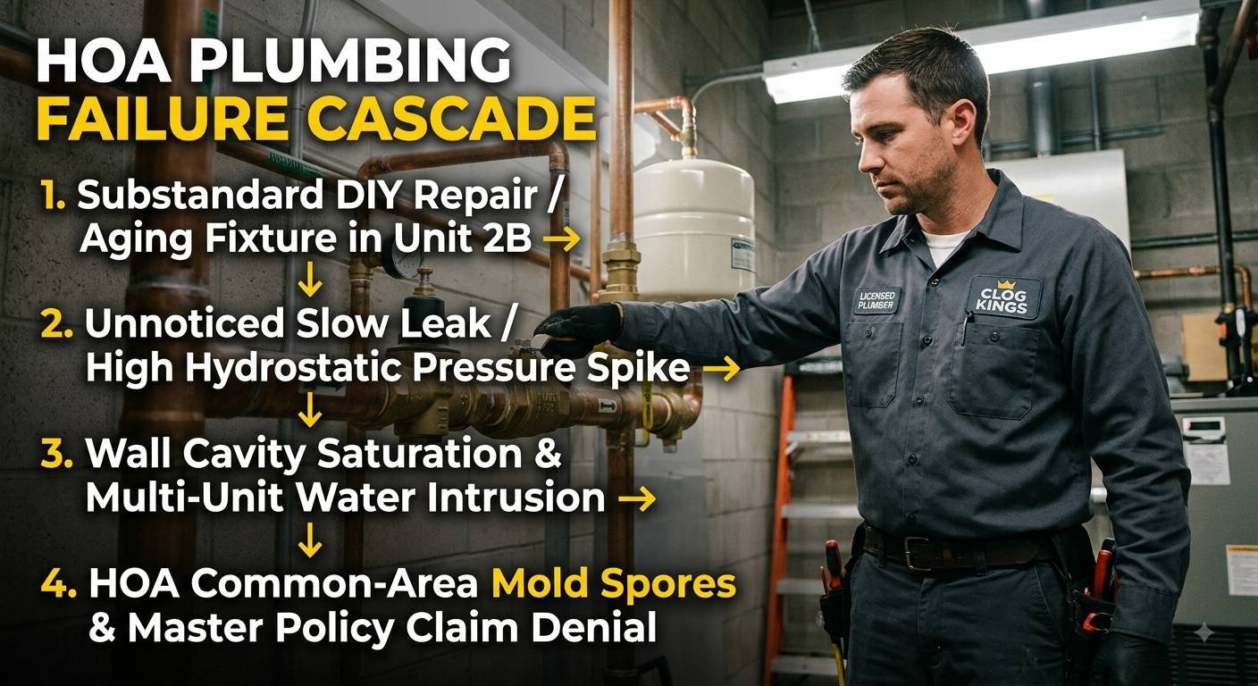 An infographic overlay on a photograph of a professional plumber from "CLOG KINGS" inspecting commercial copper pipes. The text, titled "HOA PLUMBING FAILURE CASCADE," lists four numbered steps connected by downward and side arrows:Substandard DIY Repair / Aging Fixture in Unit 2B.Unnoticed Slow Leak / High Hydrostatic Pressure Spike.Wall Cavity Saturation & Multi-Unit Water Intrusion.HOA Common-Area Mold Spores & Master Policy Claim Denial.The image highlights the potential legal and financial consequences of neglecting proper plumbing standards in shared living communities.