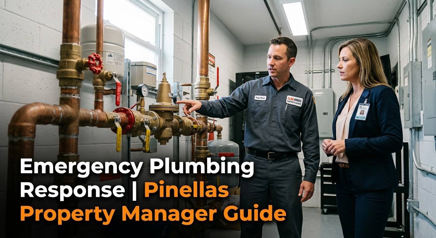 A male Clog Kings plumber in uniform pointing at a pressure regulating valve (PRV) assembly and expansion tank, instructing a business professional property manager in an electrical and plumbing utility room. This image serves as a guide for emergency response in Pinellas property management.