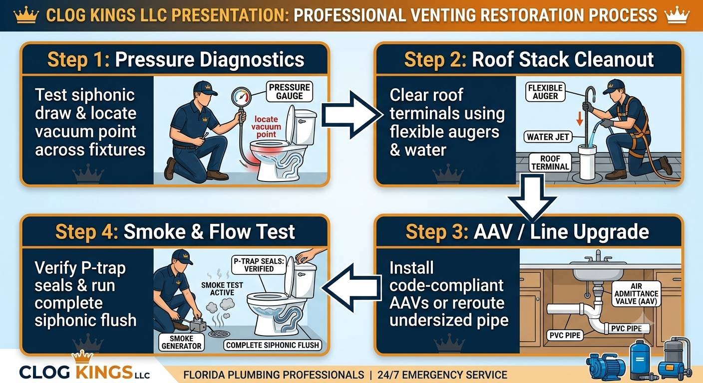 A detailed four-step infographic flowchart presented by Clog Kings LLC, illustrating the "PROFESSIONAL VENTING RESTORATION PROCESS." The chart features four dark navy blue boxes with bold gold text and illustrated technicians: Step 1 (Pressure Diagnostics: Test siphonic draw & locate vacuum point across fixtures), Step 2 (Roof Stack Cleanout: Clear roof terminals using flexible augers & water), Step 3 (AAV / Line Upgrade: Install code-compliant AAVs or reroute undersized pipe), and Step 4 (Smoke & Flow Test: Verify P-trap seals & run complete siphonic flush). Arrows guide the viewer through the sequential steps. The graphic includes labels for specific tools and components, such as a "Pressure Gauge," "Flexible Auger," "Water Jet," "Air Admittance Valve (AAV)," and a "Smoke Generator." The entire graphic uses gold crown accents and the official Clog Kings logo, with a bottom banner confirming: "FLORIDA PLUMBING PROFESSIONALS | 24/7 EMERGENCY SERVICE."