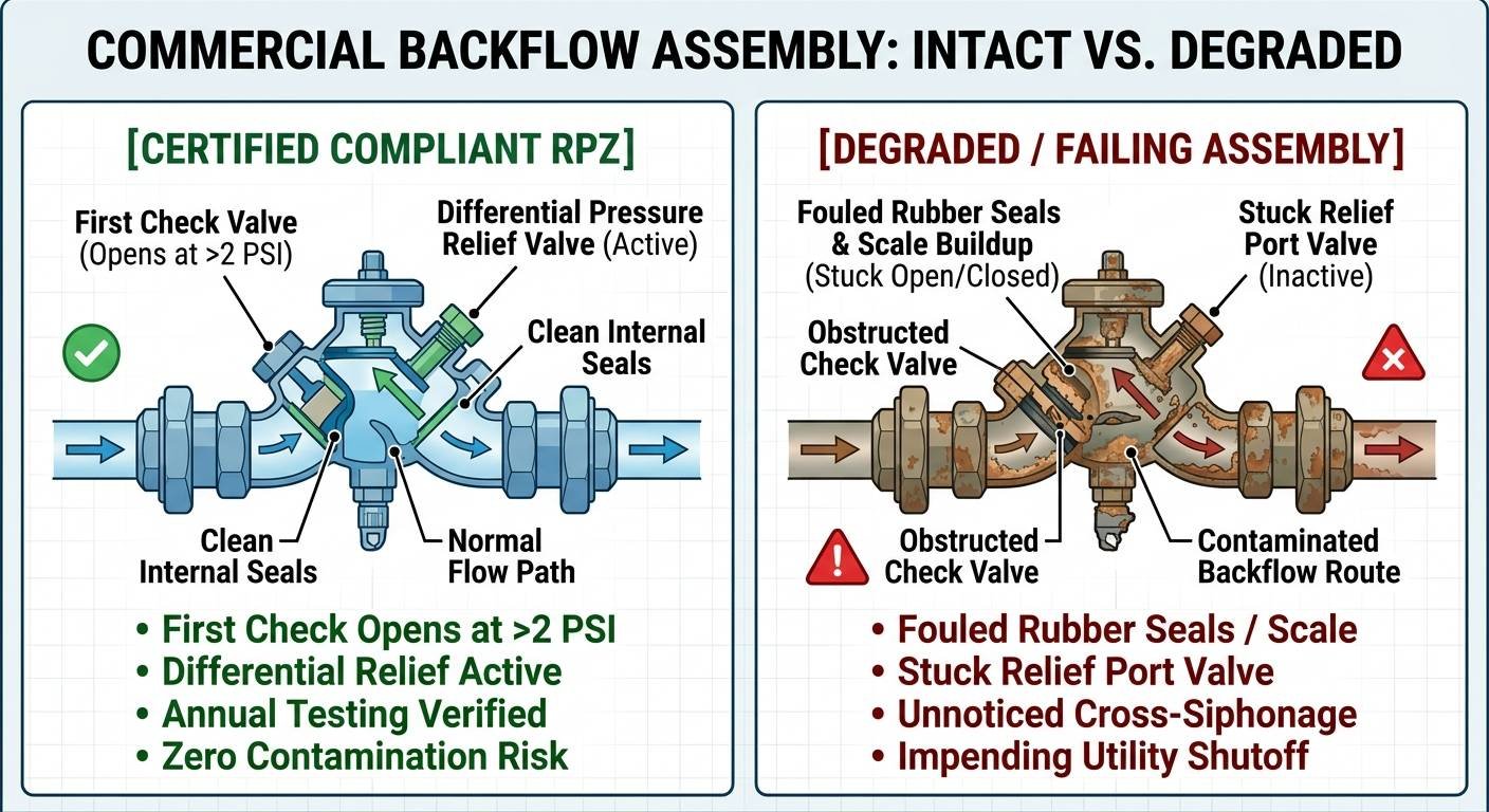 A side-by-side technical comparison diagram of a commercial Reduced Pressure Zone (RPZ) backflow assembly, titled "COMMERCIAL BACKFLOW ASSEMBLY: INTACT VS. DEGRADED".The left panel, labeled "[CERTIFIED COMPLIANT RPZ]" with a green checkmark, illustrates a clean, properly functioning blue RPZ valve assembly with arrows showing normal water flow. Text annotations point to the "First Check Valve (Opens at >2 PSI)", "Differential Pressure Relief Valve (Active)", and "Clean Internal Seals". Below the diagram, green bullet points highlight key features: First Check Opens at >2 PSI, Differential Relief Active, Annual Testing Verified, and Zero Contamination Risk.The right panel, labeled "[DEGRADED / FAILING ASSEMBLY]" with a red X and warning icons, shows a corroded, rusted valve assembly with brown contaminated water flow. Text annotations point to "Fouled Rubber Seals & Scale Buildup", "Stuck Relief Port Valve", "Obstructed Check Valve", and "Contaminated Backflow Route". Below the diagram, red bullet points outline the risks: Fouled Rubber Seals / Scale, Stuck Relief Port Valve, Unnoticed Cross-Siphonage, and Impending Utility Shutoff.