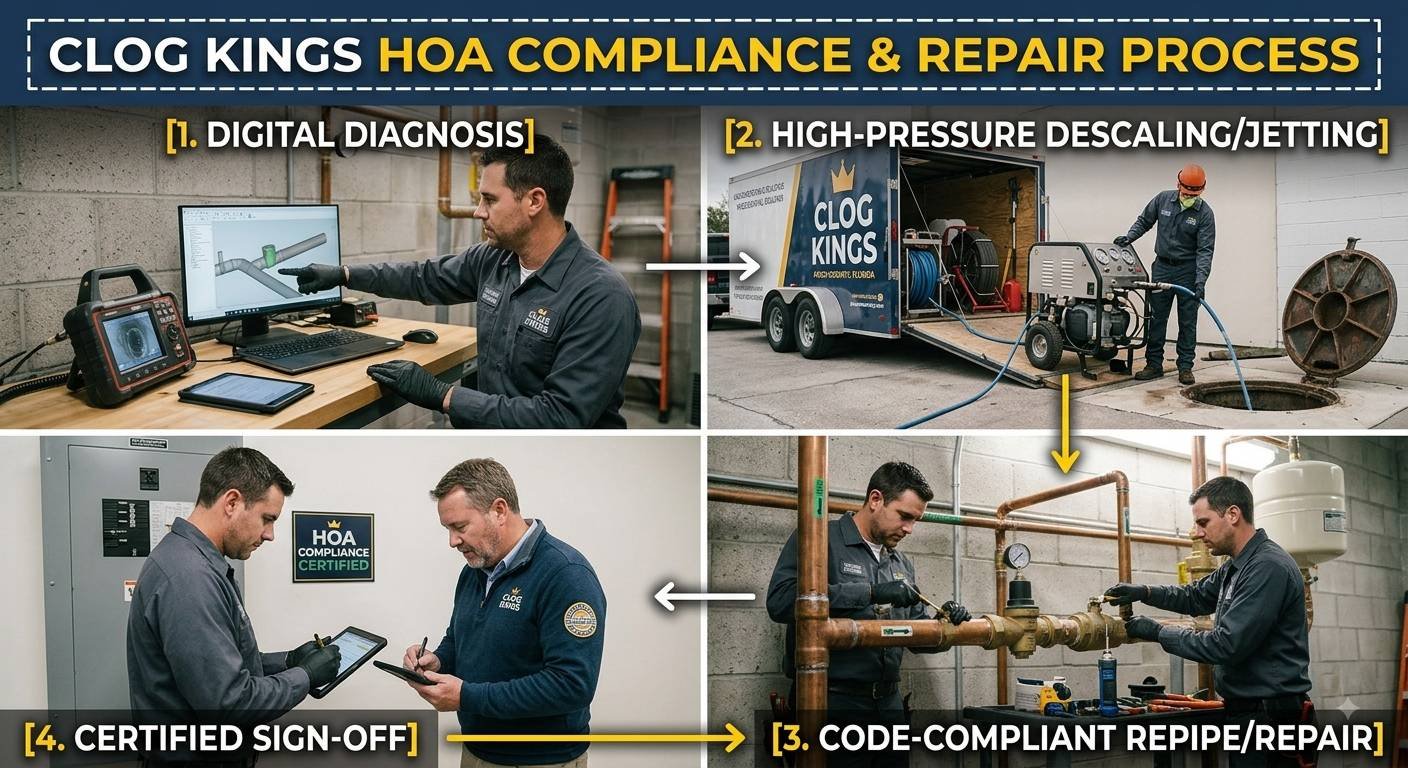 A four-panel infographic titled "CLOG KINGS HOA COMPLIANCE & REPAIR PROCESS." Top-left panel 1, "DIGITAL DIAGNOSIS," shows a technician in a workspace using a laptop and a large inspection camera screen. Top-right panel 2, "HIGH-PRESSURE DESCALING/JETTING," features a specialized 'Clog Kings' branded trailer and equipment operating near a sewer manhole. Bottom-right panel 3, "CODE-COMPLIANT REPIPE/REPAIR," displays two plumbers installing clean copper water lines and fittings. Bottom-left panel 4, "CERTIFIED SIGN-OFF," shows a manager and technician finalizing work on tablets near an 'HOA Compliance Certified' plaque.
