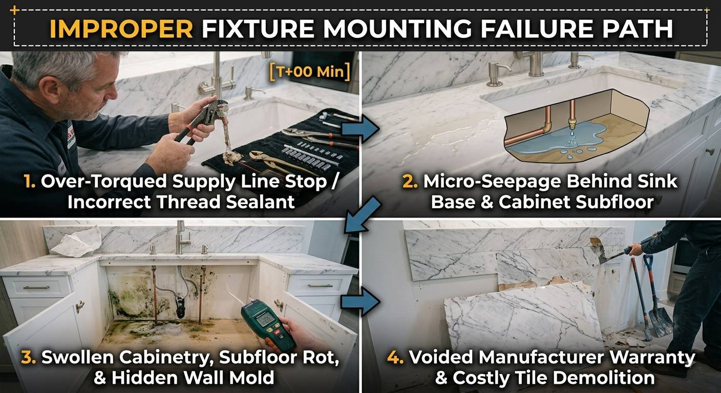 A four-panel infographic detailing the 'IMPROPER FIXTURE MOUNTING FAILURE PATH' resulting from a botched kitchen faucet installation, utilizing the clean aesthetic of image_30.png under bright LED lighting:Panel 1 [Top-Left]: Close-up of the plumber from image_30.png applying improper thread sealant to a supply line stop with large pliers. A [T+00 Min] timer is visible. Text reads: '1. Over-Torqued Supply Line Stop / Incorrect Thread Sealant'.Panel 2 [Top-Right]: A close-up of the pristine marble countertop from image_30.png, now wet with pooled water. A diagram cutaway shows the view behind the sink base, where micro-seepage is shown as small, detailed drops forming a small puddle on the subfloor. Text reads: '2. Micro-Seepage Behind Sink Base & Cabinet Subfloor'.Panel 3 [Bottom-Left]: A wider documentary shot of the damaged cabinet base and marble backsplashes. The wood is visibly swollen and warped, and green and black mold growth covers the subfloor and inner walls. The plumber holds a professional moisture meter that is flashing 'MOLD DETECTED' and a high reading. Text reads: '3. Swollen Cabinetry, Subfloor Rot, & Hidden Wall Mold'.Panel 4 [Bottom-Right]: Costly demolition in progress. Workers are chiseling and prying apart the extensive, damaged marble tile and drywall. A large section of destroyed marble tile lies on the floor. Heavy tools and waste are visible. A final text overlay reads: '4. Voided Manufacturer Warranty & Costly Tile Demolition'.Directional digital arrows connect all panels, guiding the eye along the failure path. Integrated copper pipes and brass components are shown failing. The original plumber and property manager from image_30.png are seen initiating the process but are absent during the severe damage phases. The setting is critical and detailed, emphasizing the consequences. Grain is fine, adding a documentary feel.