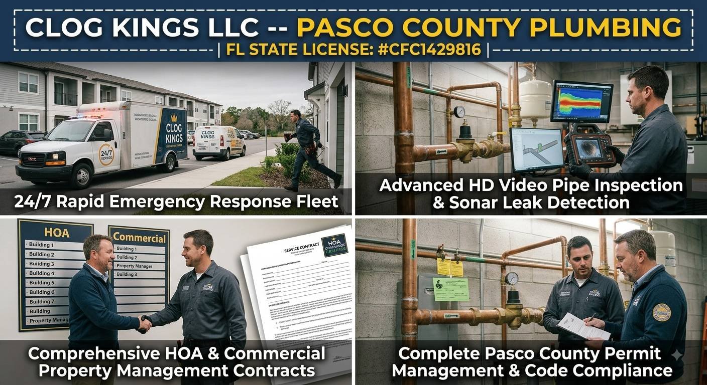 An infographic with a header banner reading "CLOG KINGS LLC -- PASCO COUNTY PLUMBING | FL STATE LICENSE: #CFC1429816 |". Below this, four detailed quadrants showcase services: Top-left, a 24/7 emergency fleet with branded trucks in a multi-unit property; Top-right, technicians using large screens displaying HD video inspection and sonar leak data near complex piping; Bottom-left, a property manager and technician shaking hands in front of a service contract for HOA and commercial clients; Bottom-right, technicians reviewing paperwork and permits next to a new copper pipe installation to ensure code compliance.